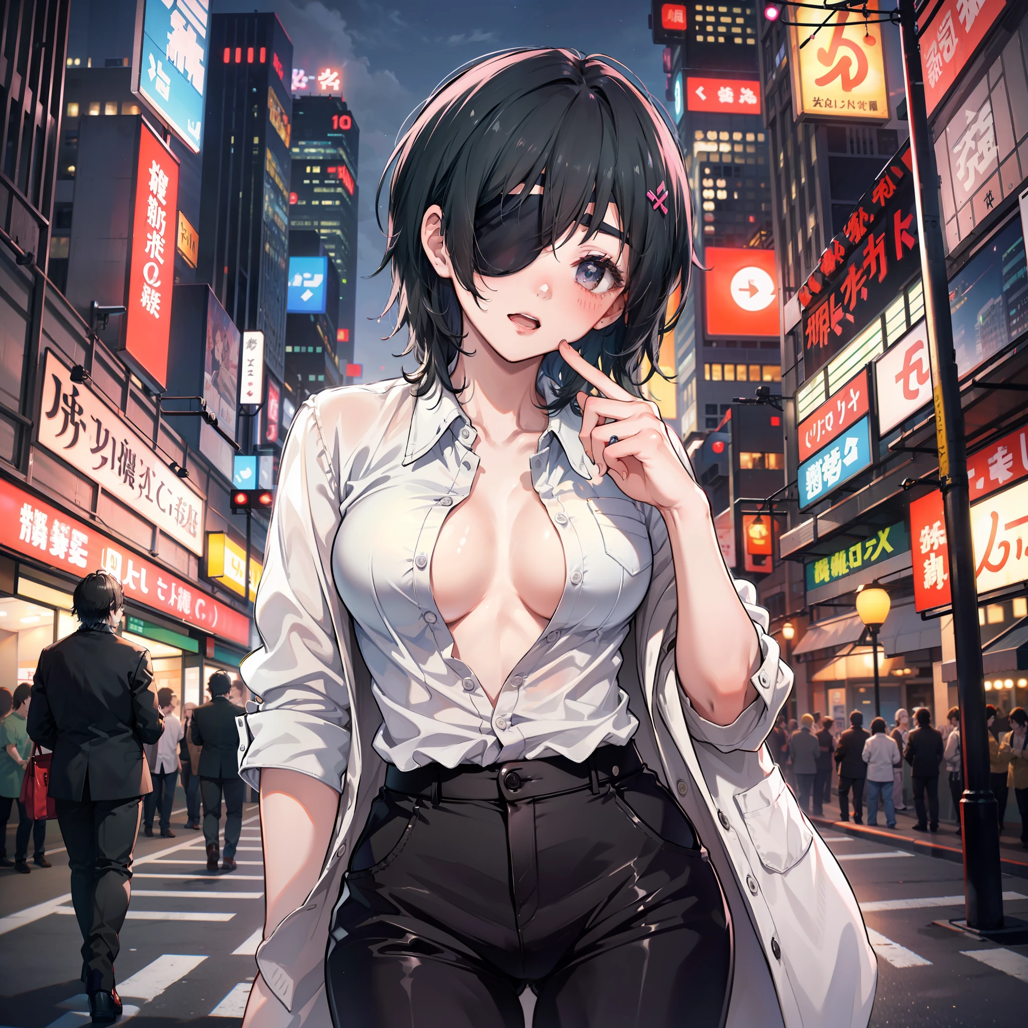 masterpiece, top-quality, hight resolution, hight resolution,high-level image quality,8k,1人の女性,1girl,独奏,Black eye patch,(Eye patch over left eye),A dark-haired,short-cut,Black suit pants,Fluffy shirt,Open shirt,White shirt,Downtown at night,Neon Street,Wandering,Blushing cheeks,Being drunk,Intoxication,full bodyesbian,Staggered foot,cowboy shot,Laugh drunk,