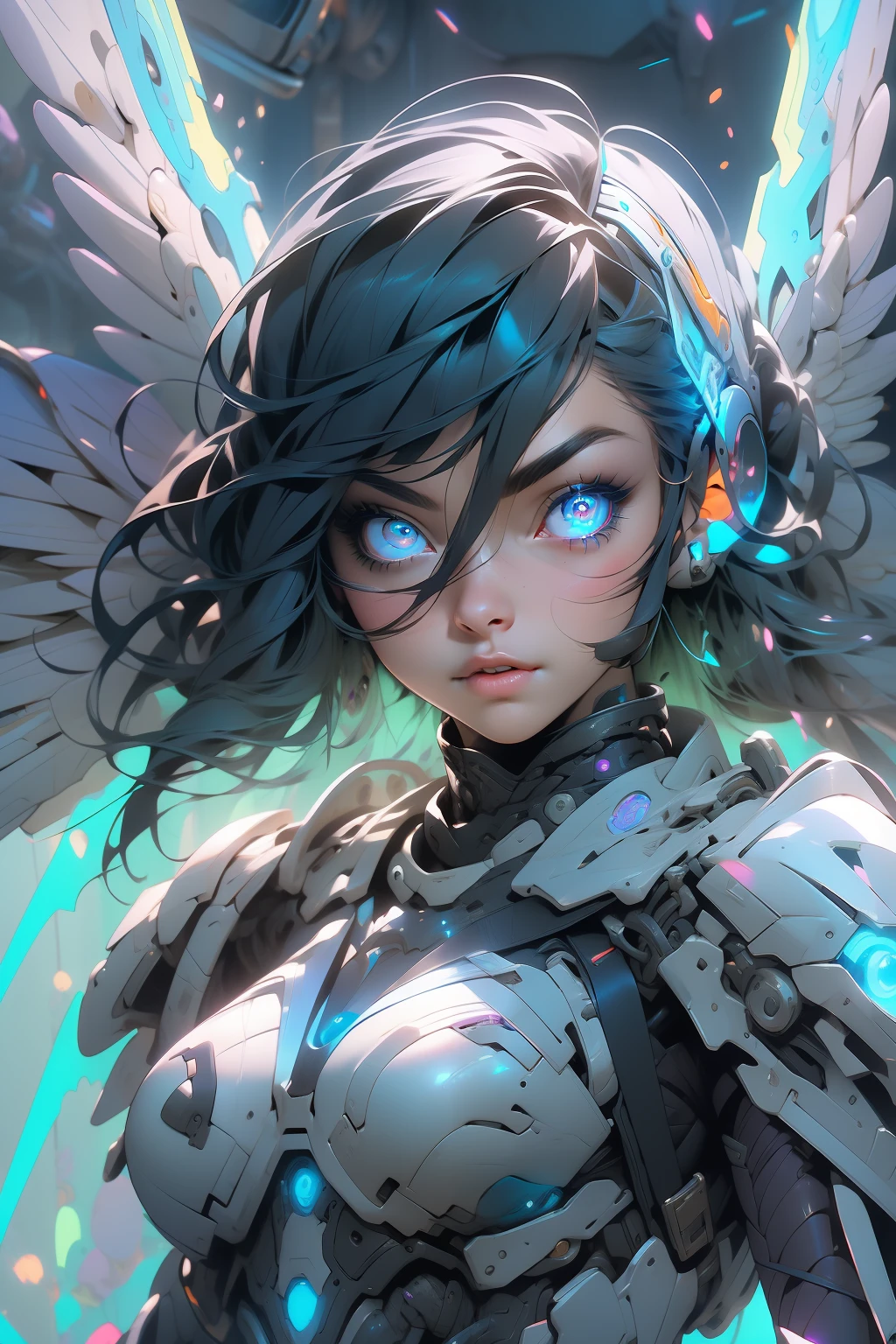 (masterpiece), (best quality), 1girl, battle angel, female warrior with angel wings, battle field, portrait, close-up shot, (blue glowing eyes), cyborg armor