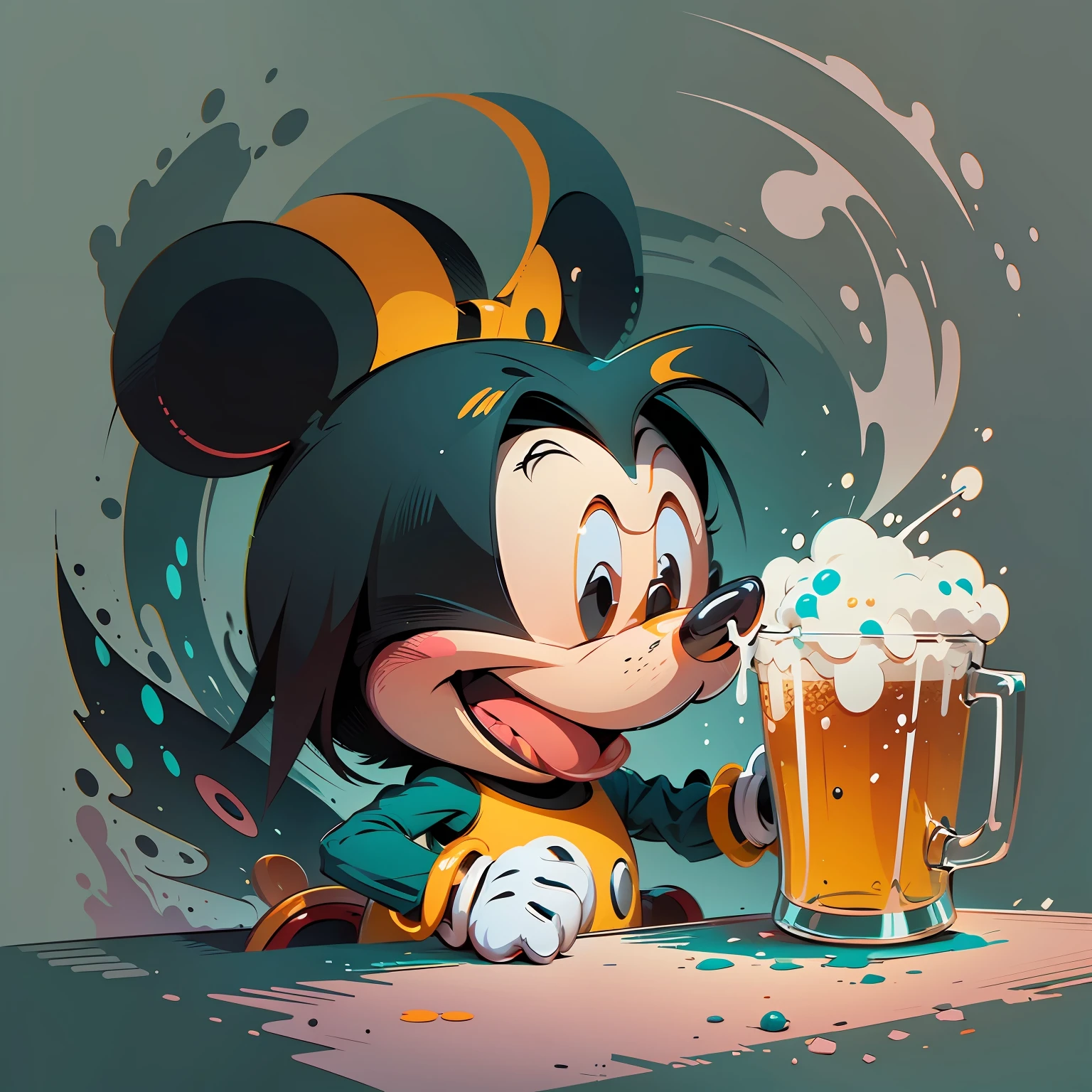 I want you to make a minimalist, 2d, vectorized drawing of mickey mouse drinking beer, drunk and colorful