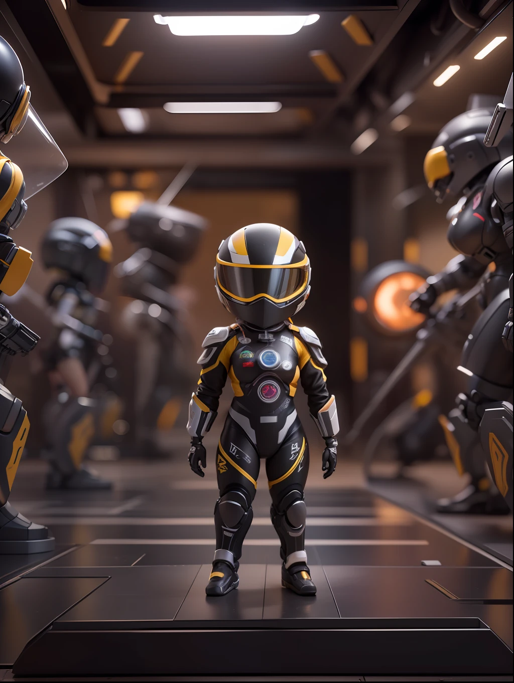 (Blind box toy style:1.2), (Full body shot) , 1 Mechanical racer ,anatomy correct,Opaque helmet:1.2,Delicate dirty racing suits:1.3, Solo,(circular base:1.2), Mechanical style, dreamy glow, Clean, Brown undertone, Battle damage style:1.2,Black gold style ( Clean background,Global illumination, Ray traching, hdr, unreal render,reasonable design, high detal, Masterpiece, Best quality, hyper HD, Cinematic lighting)