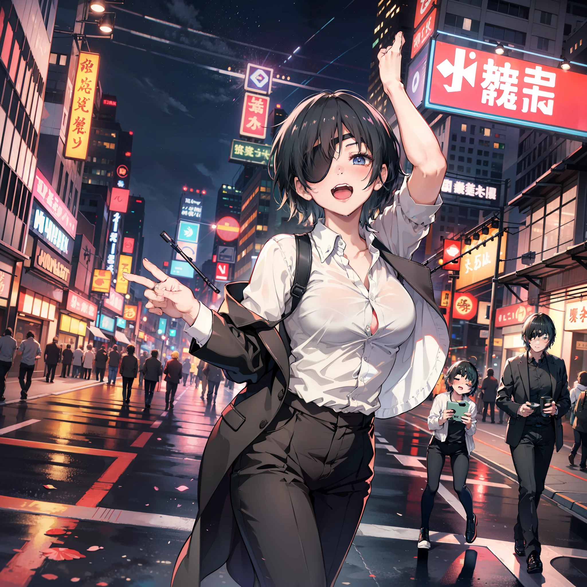 ​masterpiece, top-quality, hight resolution, hight resolution,high-level image quality,8k,1人の女性,1girl,独奏,Black eye patch,(Eye patch over left eye),A dark-haired,short-cut,Black suit pants,Fluffy shirt,Open shirt,White shirt,Downtown at night,Neon Street,Wandering,Blushing cheeks,Being drunk,Intoxication,full bodyesbian,Staggered foot,cowboy  shot,Laugh drunk,