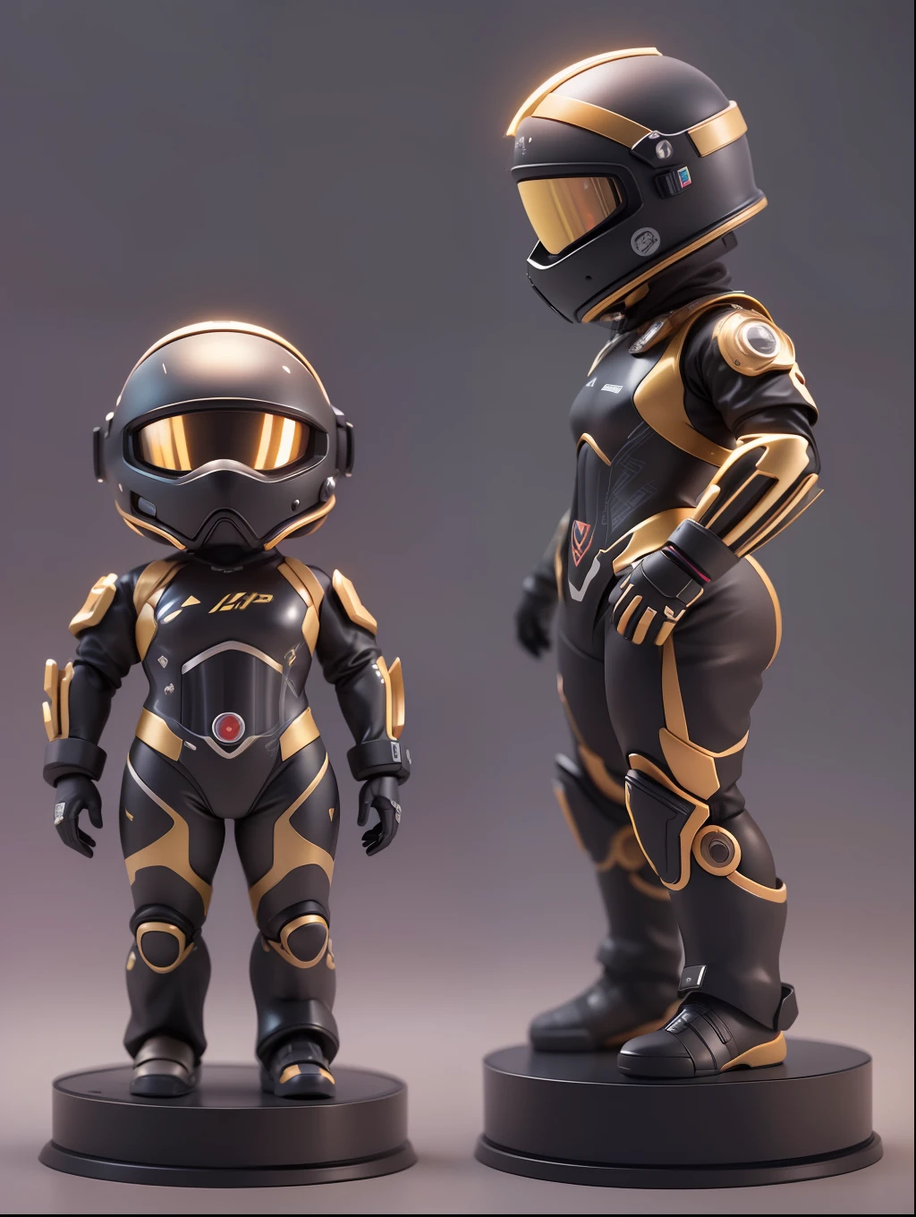 (Blind box toy style:1.2), (Full body shot) , 1 Mechanical racer ,anatomy correct，Opaque helmet：1.2，Delicate dirty racing suits：1.3, Solo，(circular base:1.2）， Mechanical style, dreamy glow, Clean, Brown undertone, Battle damage style:1.2,Black gold style ( Clean background，Global illumination, Ray traching, hdr, unreal render,reasonable design, high detal, Masterpiece, Best quality, hyper HD, Cinematic lighting)