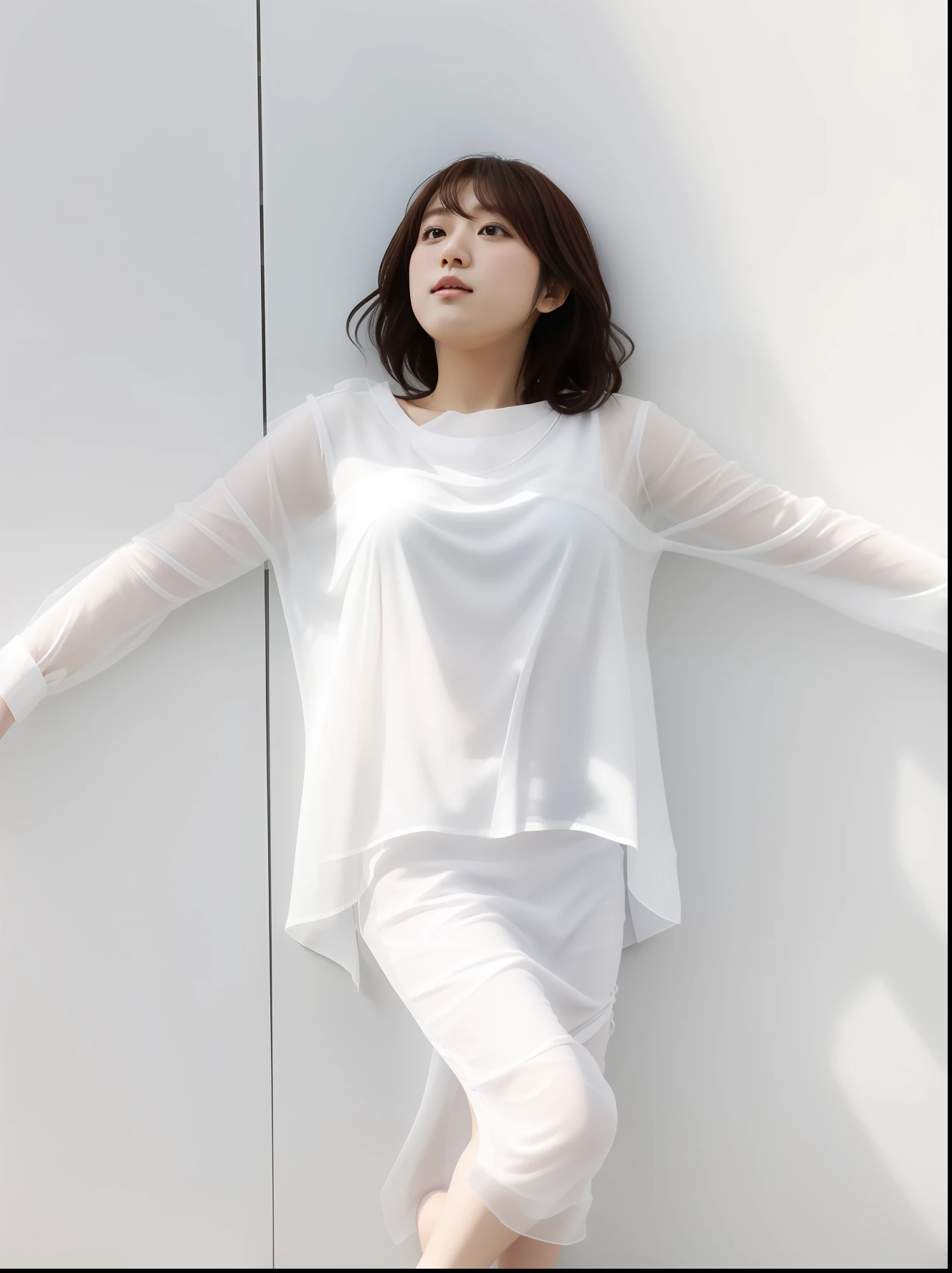 The Araved woman leaned against the wall,arms out, style of yoshii chie, kasumi arimura style 3/4, wearing a long flowy fabric, wearing translucent sheet, White blouse, White tunic, White!!, tsubasa nakai's style, casual clothing style, !!Beautiful!!, White top, dressed with long fluent clothes