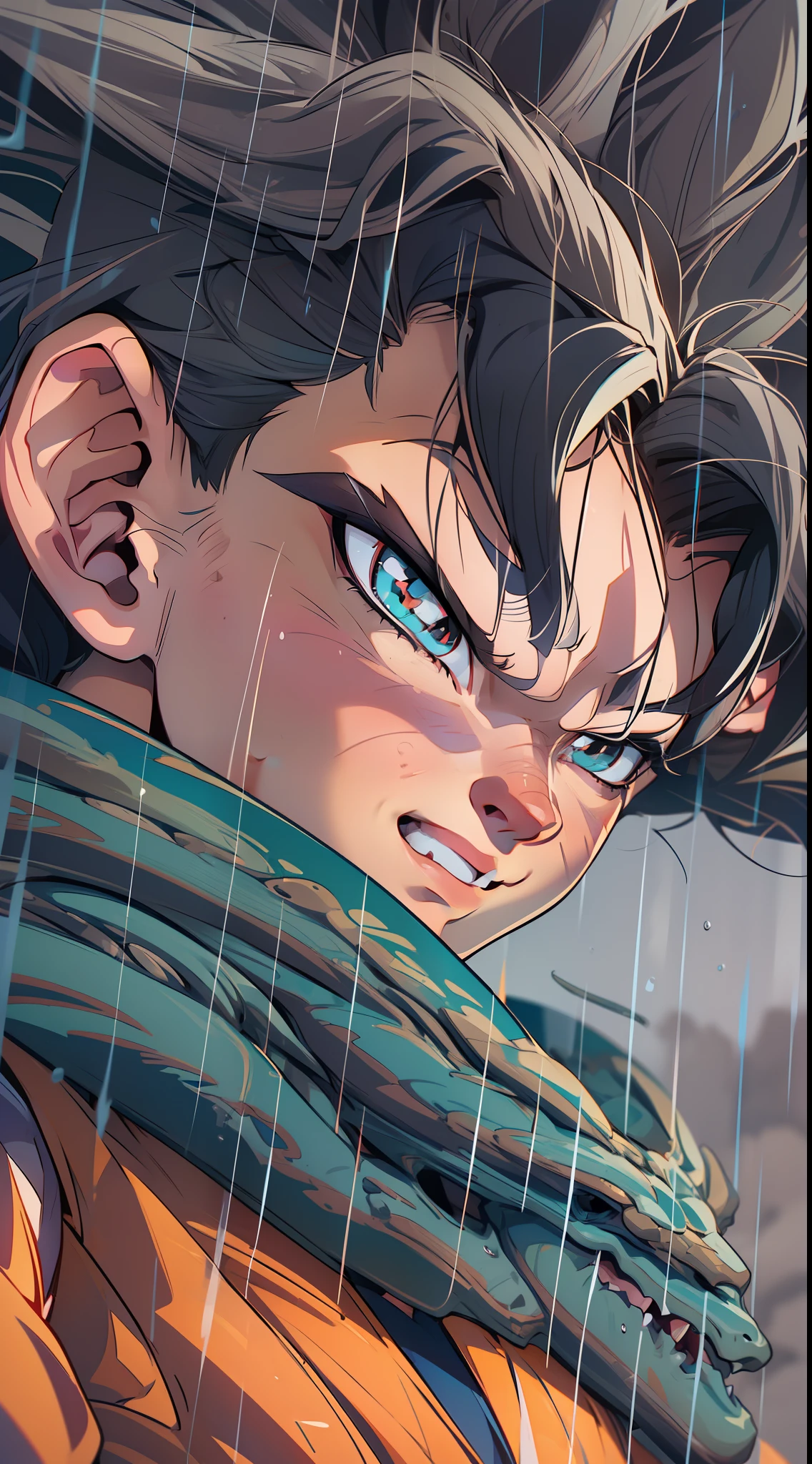 dragon ball super goku and gohan, super strong, muscular, raining, 35mm lens, photography, ultra details, precise texture details HDR, UHD,64K,