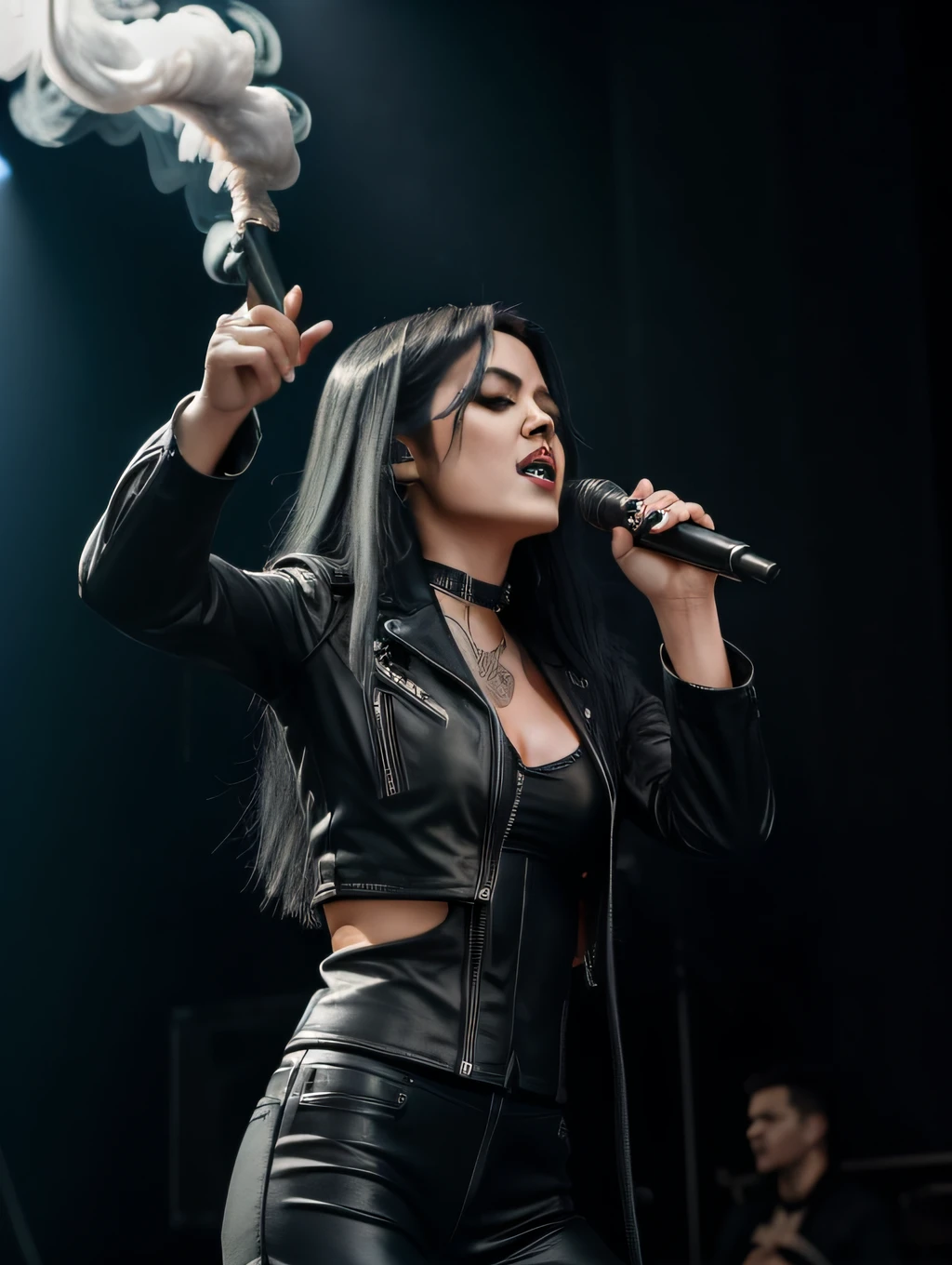 rocker woman on rock stage with gray smoke in concert with speakers in the background, singing with microphone, wearing black sensual leather clothes, with long black hair with white streaks.