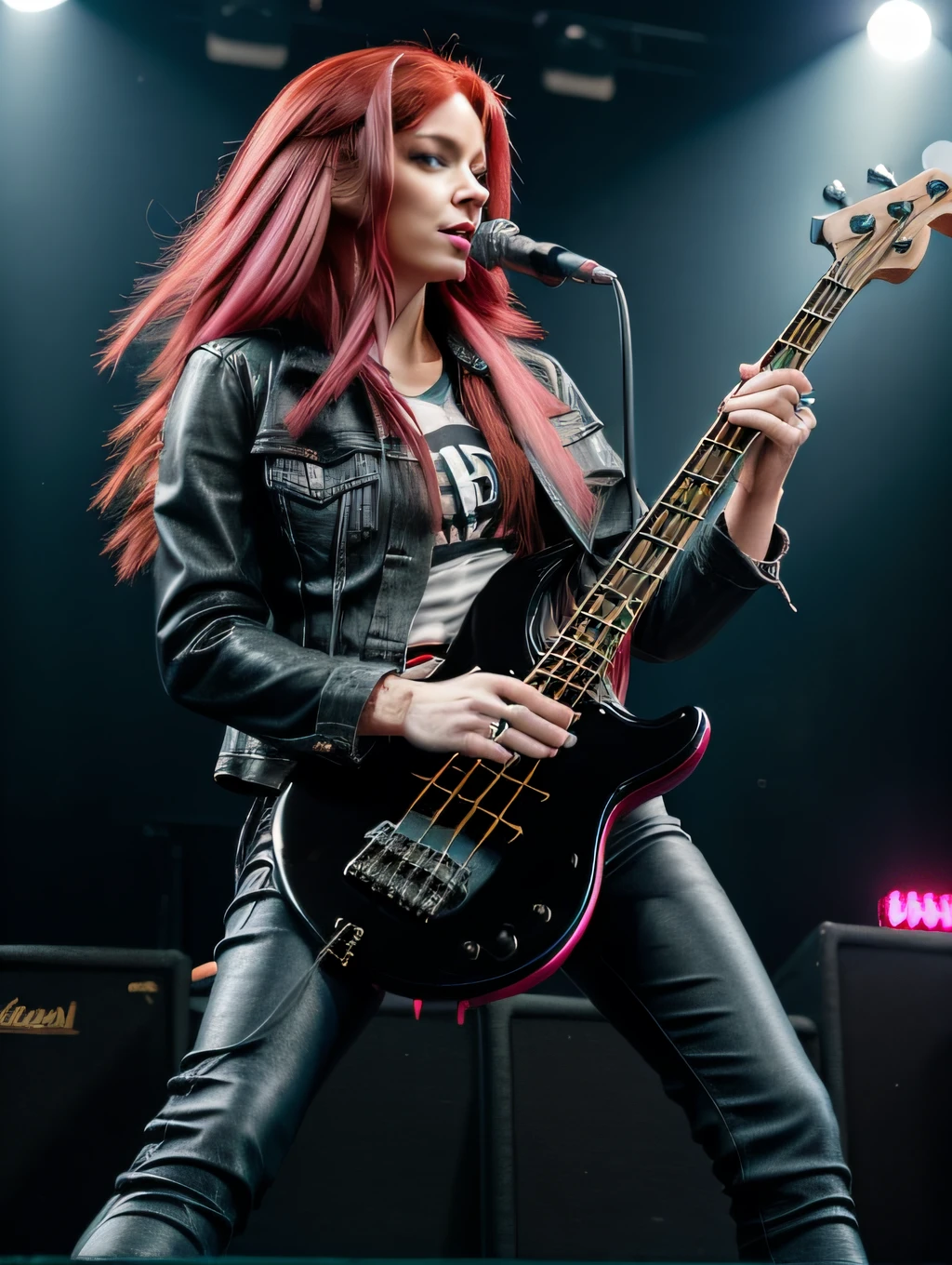 woman playing bass guitar on rock concert stage, rocker dressed in black denim jacket, black leather pants, with long red hair with pink streak.