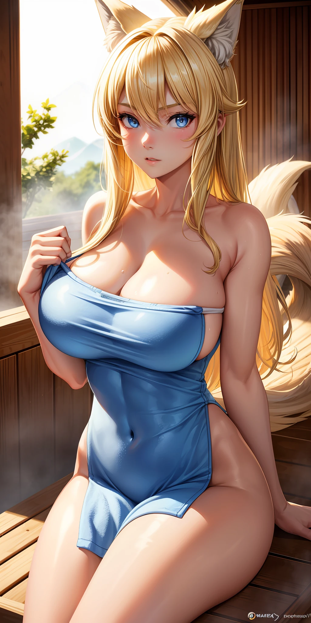 Big breasts, 1girl, ((blonde hair)) ((wolf girl)) blue eyes, has an extremely sexy body, with full breasts and a thin waist, and an extremely sexy body, only in a towel sexy and bold, has a bold appearance . young, quality, realistic, best quality, relaxed expression, calm, sauna, in a sauna, sitting
