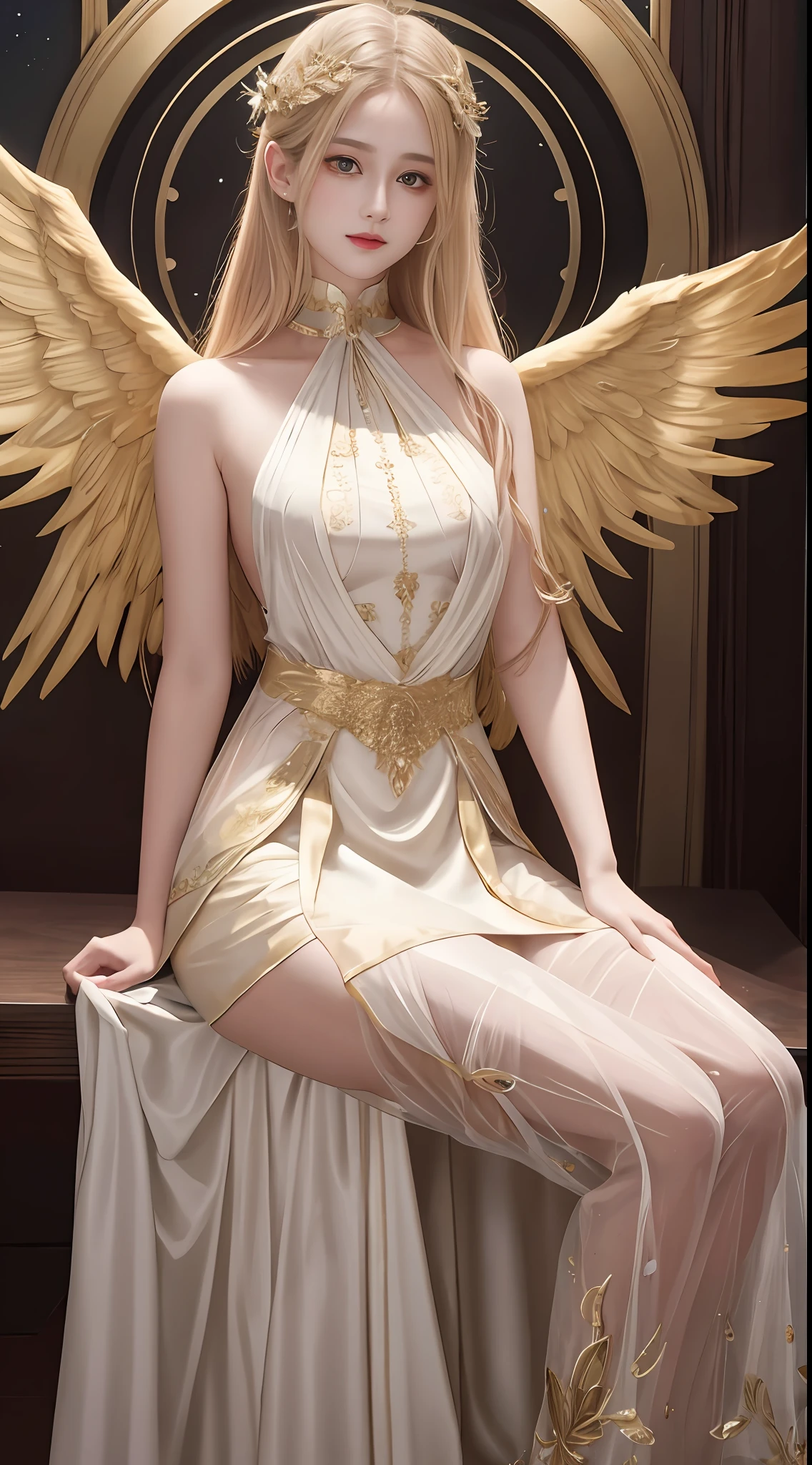 Ultra-realistic 8K CG, perfect face, perfect, clean, masterpiece, professional artwork, famous artwork, perfect face, beautiful face, beautiful eyes, golden cleric suit, lace, open brests, beautiful golden clothes, gold wings, delicate pattern, sitting, Fascinating, galactic space background, big moon in the back, flapping wings