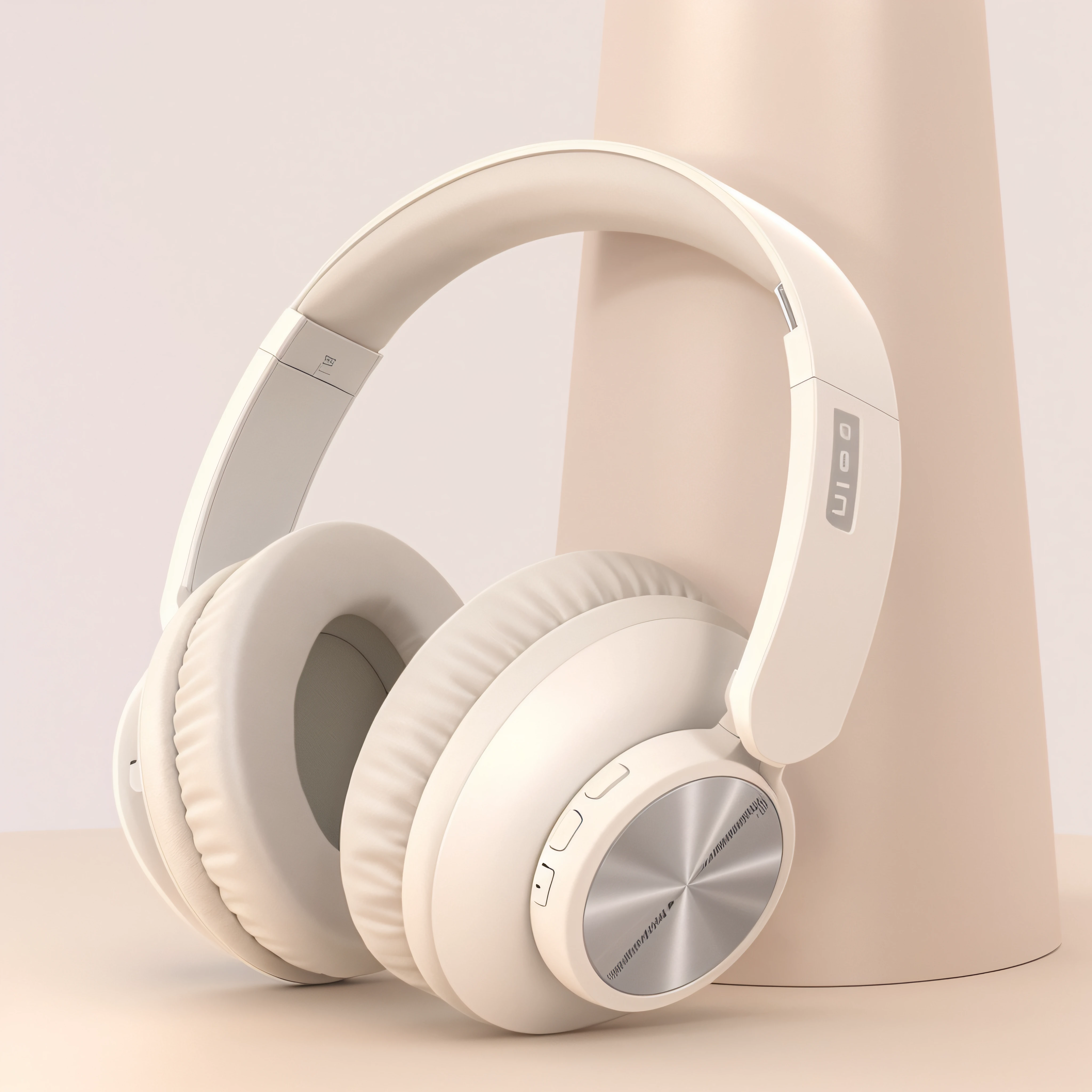 There is an off-white headphone,There is a white line on it, headset on head, Earphone, with headphone, Product rendering, 3 d product render, floating headsets, product design render, headphones on, 3d product, designed in blender, modernist headphones, with headphone, rhythm, Earphone, earbuds, ellegance, dualtone, Join the tech scene