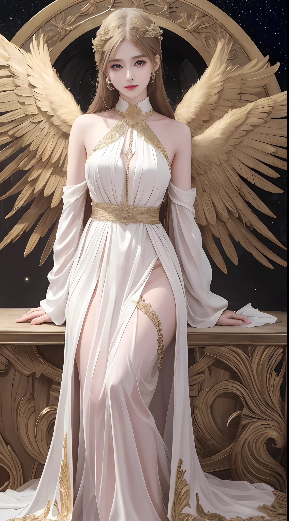 Ultra-realistic 8K CG, perfect face, perfect, clean, masterpiece, professional artwork, famous artwork, perfect face, beautiful face, beautiful eyes, golden cleric suit, lace, open brests, beautiful golden clothes, gold wings, delicate pattern, sitting, Fascinating, galactic space background, big moon in the back, flapping wings