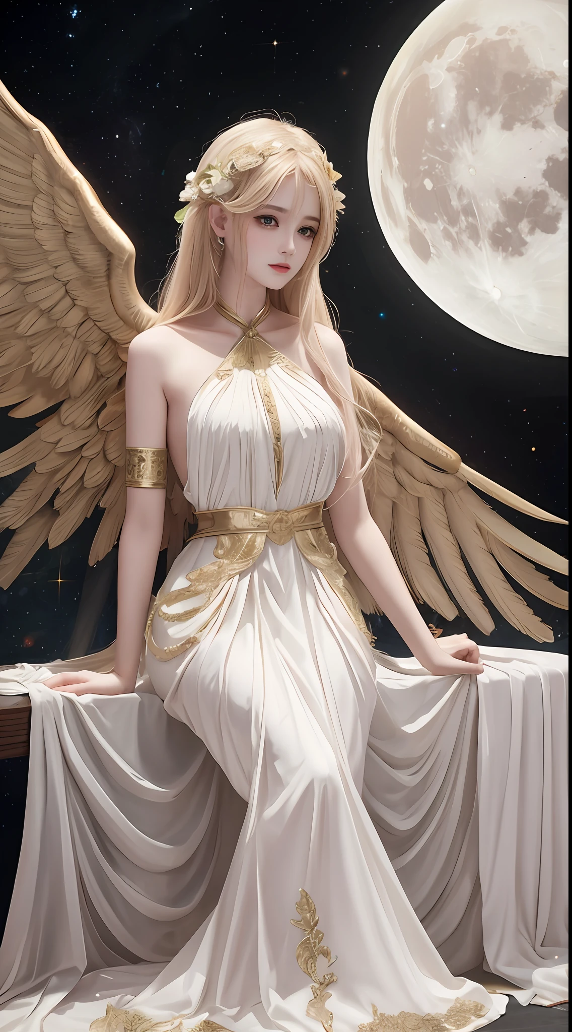 Ultra-realistic 8K CG, perfect face, perfect, clean, masterpiece, professional artwork, famous artwork, perfect face, beautiful face, beautiful eyes, golden cleric suit, lace, open brests, beautiful golden clothes, gold wings, delicate pattern, sitting, Fascinating, galactic space background, big moon in the back, flapping wings