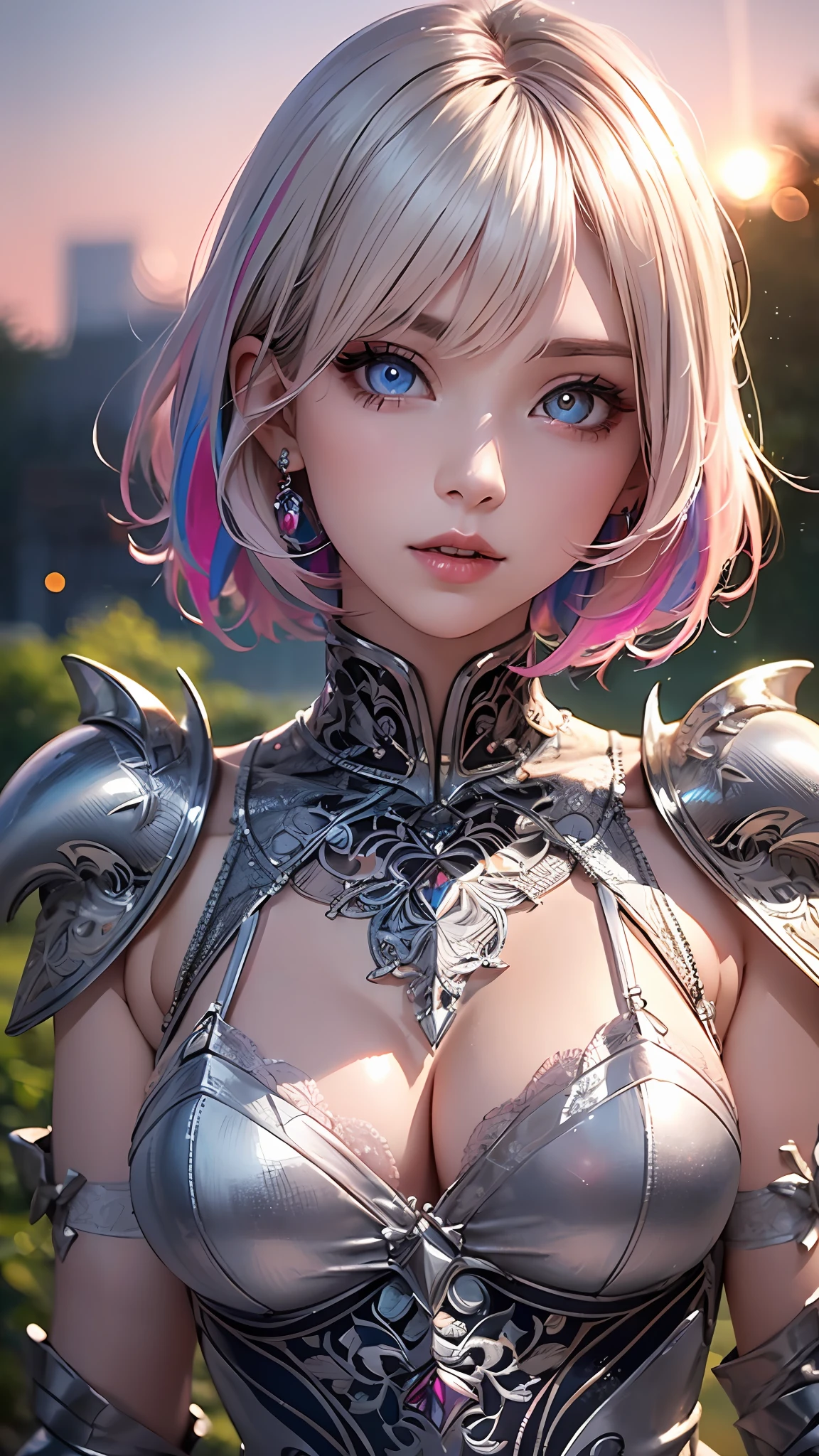 Realistic, Hyper Detail, Girls Only, Layered Bob, Dynamic Lighting, ((Bold imaginative pose)), (Glossy skin: 1.5), Masterpiece, Top Quality, Absurdity, Watching Viewer, (Blonde and Pink inner colored Hair), deep Purple Clear Eyes,((Beautiful, detailed eyes, jewel-like eyes, colorful eyes, sparkling eyes:1.3)), Slender, High Resolution, Sharp Focus, Depth of Field, Detail Eyes, Sharp Eyes, (Realistic Eyes)), outdoors, sunrise sky, (attractive delicate design river trimmed lace dress, (intricately patterned silver armor wearing): 1.3))