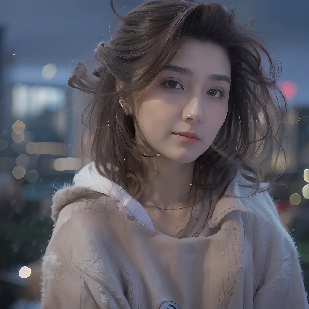 A girl holding a camera, mix4,(8k, RAW photo, best quality, masterpiece:1.2), (realistic, photo-realistic:1.37),1girl,cute,cityscape, night, rain, wet, professional lighting, photon mapping, radiosity, Physically-based rendering, gradient brunette hair, short curly hair, handsome, girly, white ball set, superb picture quality, high resolution, 1080p, (clear face), (detailed face description), (detailed hand description), (masterpiece), (exquisite CG), extreme light and shadow, messy hair, masterpiece, rich detail, (exquisite facial features), (highest image quality), (masterpiece), (detailed eyes), look forward to your eyes, delicate collarbone