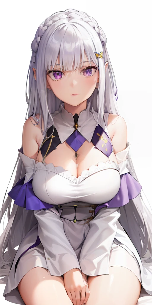 Best quality, highly detailed, masterpiece, super detailed, (realism: 1.2), 1 girl, (white background), simple background, delicate eyes, silver hair, purple eyes, hair_ornament, (white off-the-shoulder shirt: 1.3), long hair, pointed ears, crown braids, expressionless face, straight hair, (++ sitting: 1.2), big breasts,