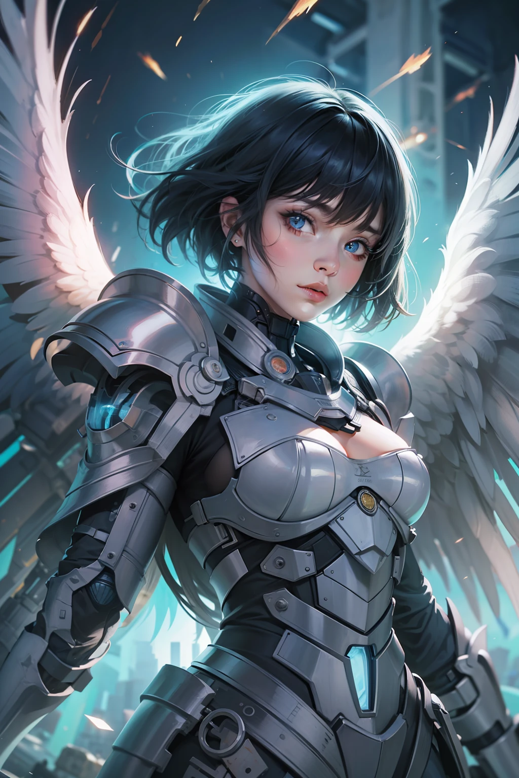 (masterpiece), (best quality), 1girl, battle angel, female warrior with angel wings, battle field, portrait, close-up shot, (blue glowing eyes), cyborg armor
