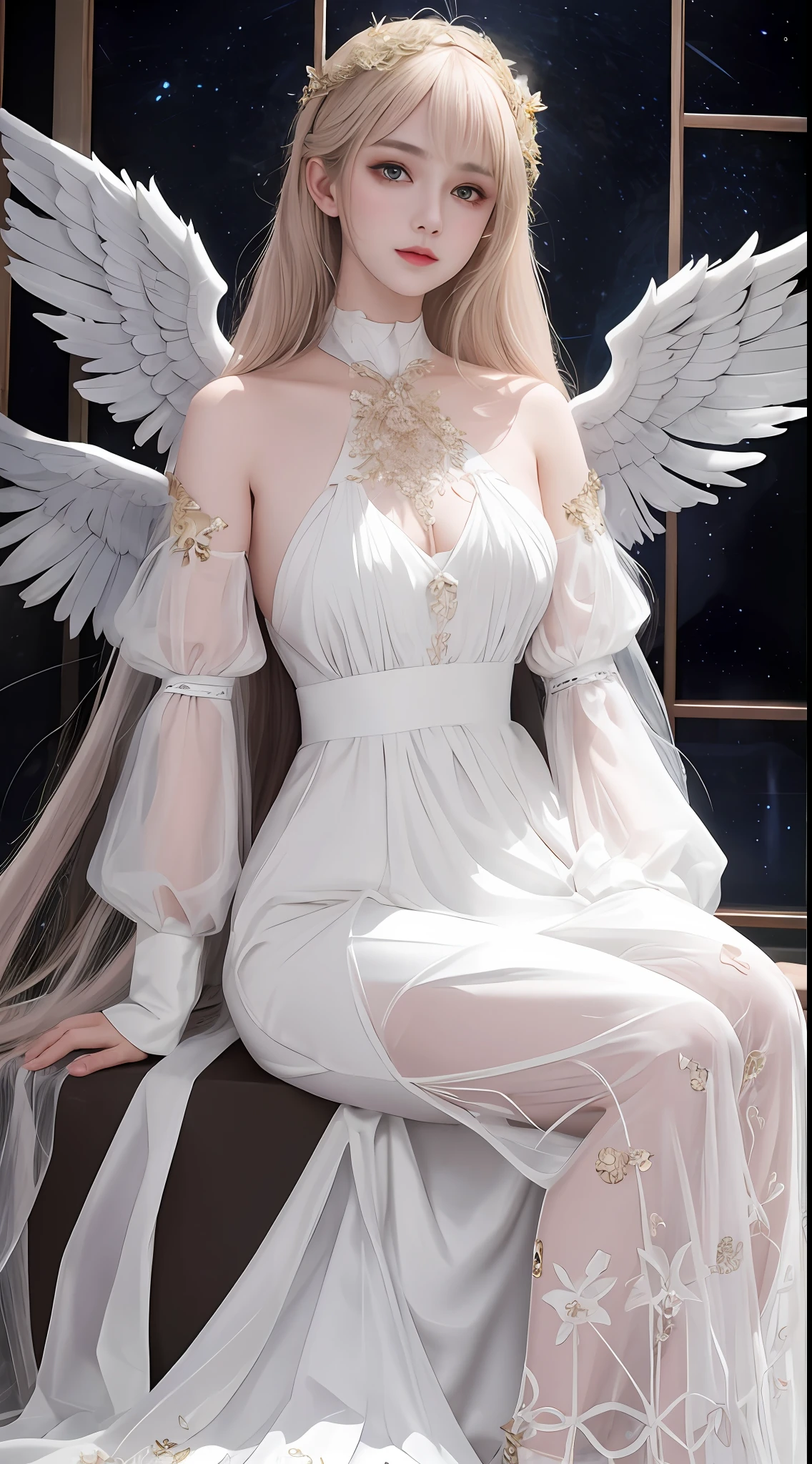 Ultra-realistic 8K CG, perfect face, perfect, clean, masterpiece, professional artwork, famous artwork, perfect face, beautiful face, beautiful eyes, armor cleric suit, lace, open brests, beautiful armor clothes, metal wings, delicate pattern, sitting, Fascinating, galactic space background, big moon in the back, flapping wings