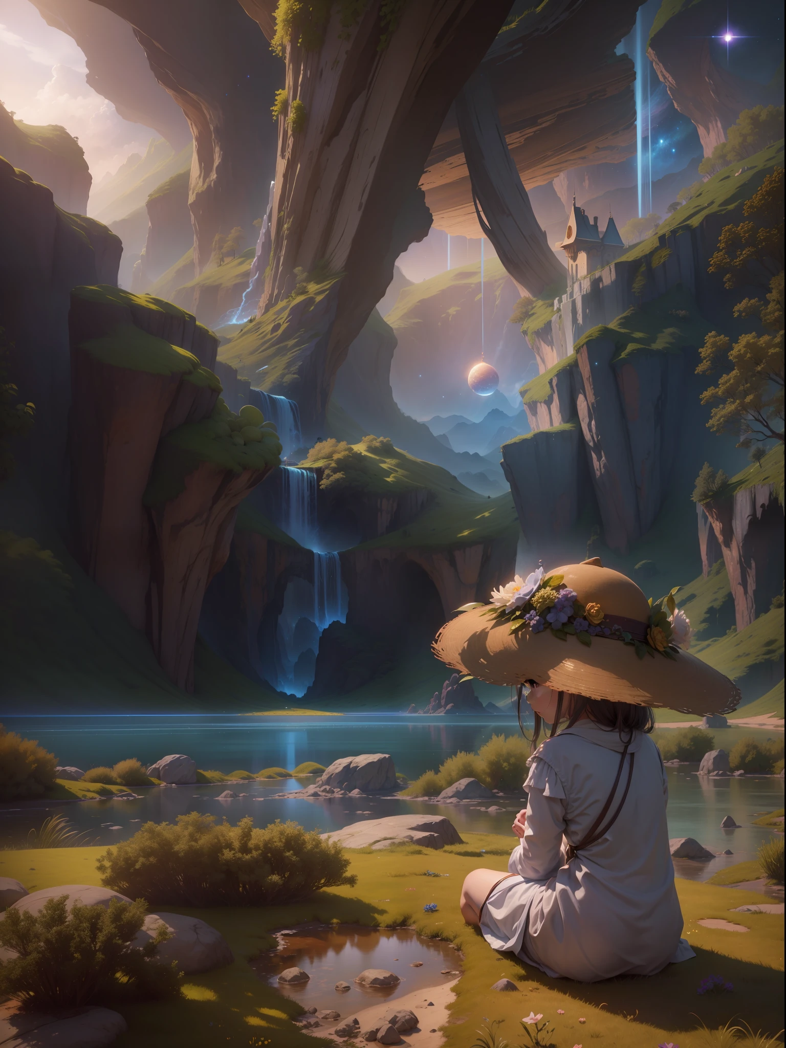 A masterpiece of high detail,8K,High-resolution body content:utopian,Broad perspectives,fanciful,Full of mystery,Bask in the mysterious atmosphere,Hopeful,Divine piety ,Look outward at the background:Dazzling colors,The sat and looked at the atmosphere in the distance:Mysterious and unknowable sense of light,milky ways,Magic beam,The fantasy of the future world is intertwined with reality,Color:Infused with ethereal hues,High purity color, composition:Vista composition,Sitting angle,ultra-wide-angle,Style reference:Virtual Engine,Ethereal magical texture,Chaotic real world