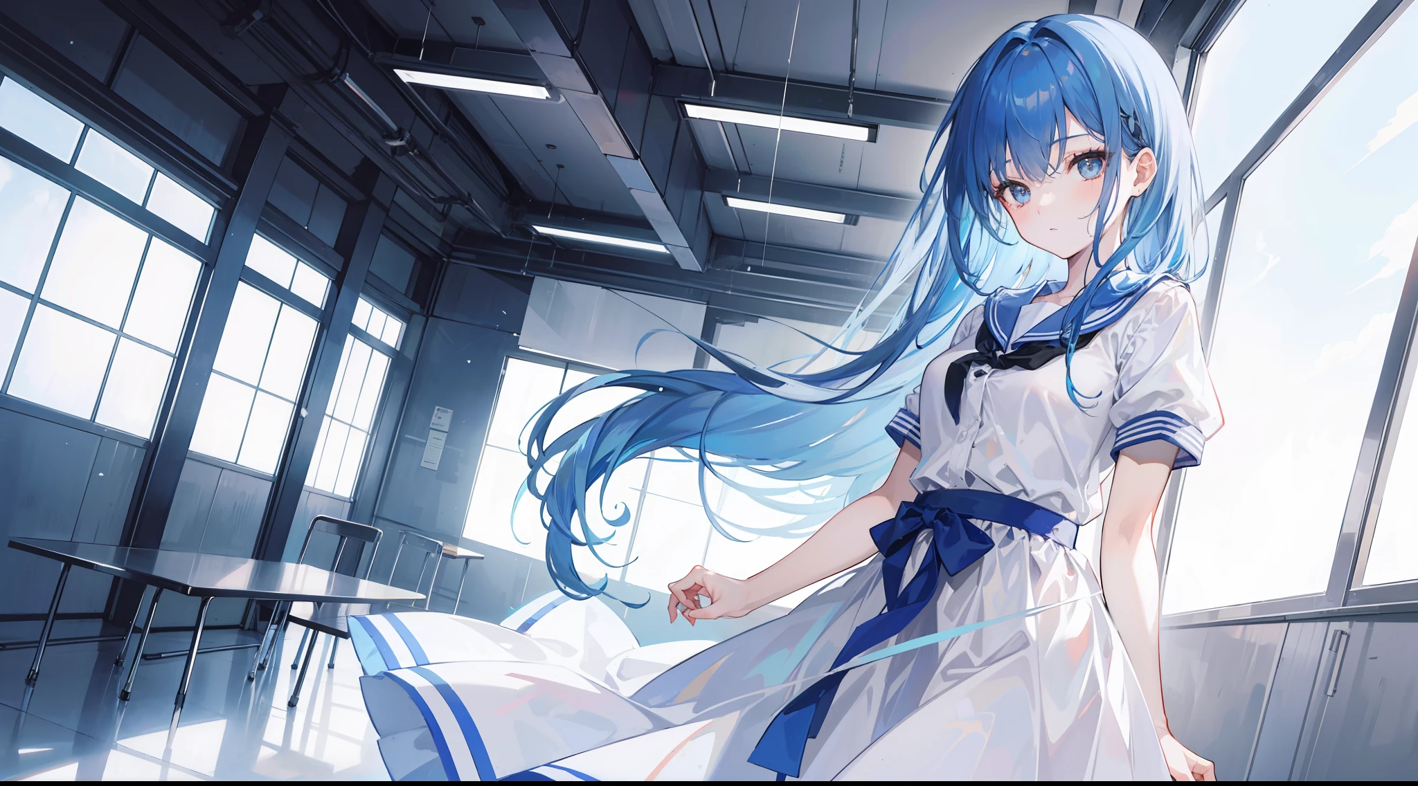 1girl, blue hair, white eyes, wearing a long skirt, school inside, absurdres, high res, ultrasharp, 8K, masterpiece, looking at viewer