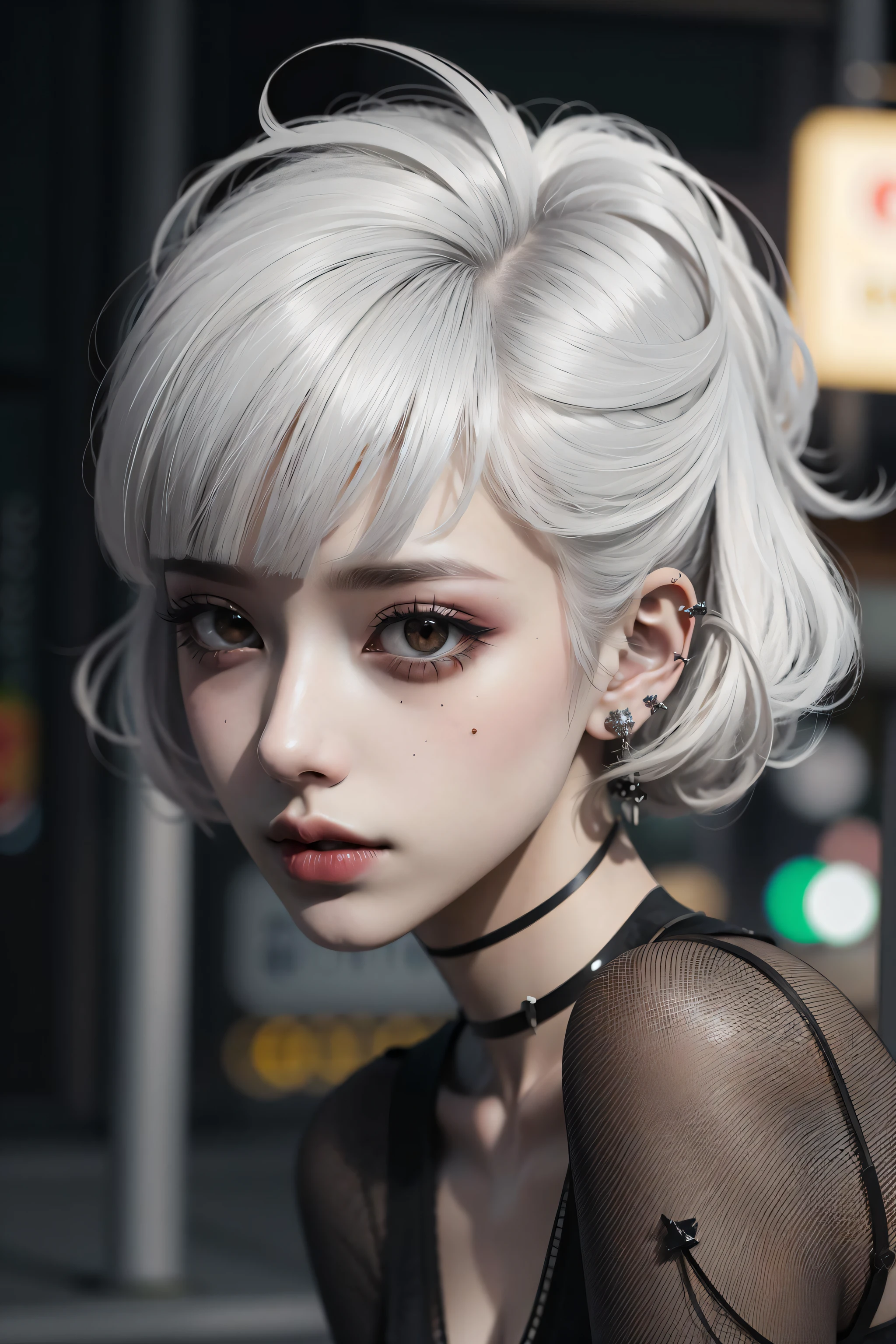 nsfw, 8K raw photo, Best quality, masterpiece, ultra high res, looking at viewer, night, street, Kabukicho, (fluffy short hair:1.2), (white hair:1.3), natural skin texture, realistic eye and face details, rouge \(makeup\), red eyeshadow, red eyes, full lips, parted lips, lipstick, beautiful legs, tall female, skinny, slim_legs, thigh_gap, model, medium breasts, outdoors, Goth_punk,