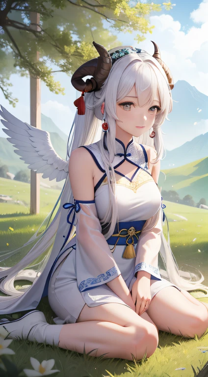 Chinese Ancient Times 《Mountain and Sea Sutra》 Ancient mythology。A woman sits on the prairie。Goddess of white hair。Noble。Noble eyes。There is a pair of horns。There is a pair of sheep ears。Has a pair of pure white wings。White clothes made of silk。full-white clothes。Noble。Noble clothes。large grassland,Not a single tree。Cute little goat in your arms。
