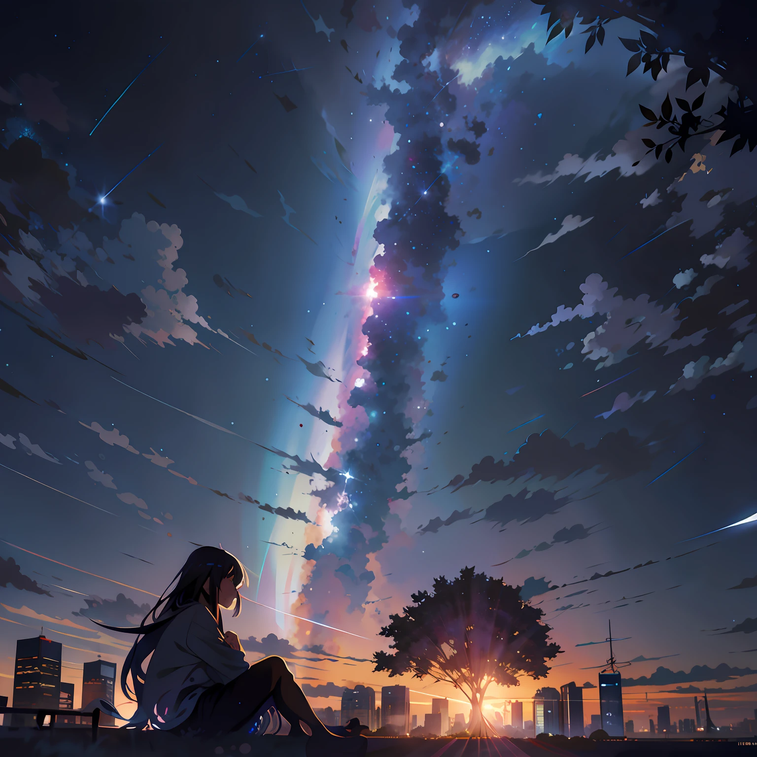 Anime girl sitting on a ledge looking at a sky full of stars, cosmic skies. por makoto shinkai, Makoto Shinkai Cirilo Rolando, bela cena de anime, Anime Art Wallpaper 4K, Anime Art Wallpaper 4K, Papel de parede anime 4k, Anime Art Wallpaper 8K, anime bela cena de paz, Anime Wallpaper 4k, 4k anime wallpapers