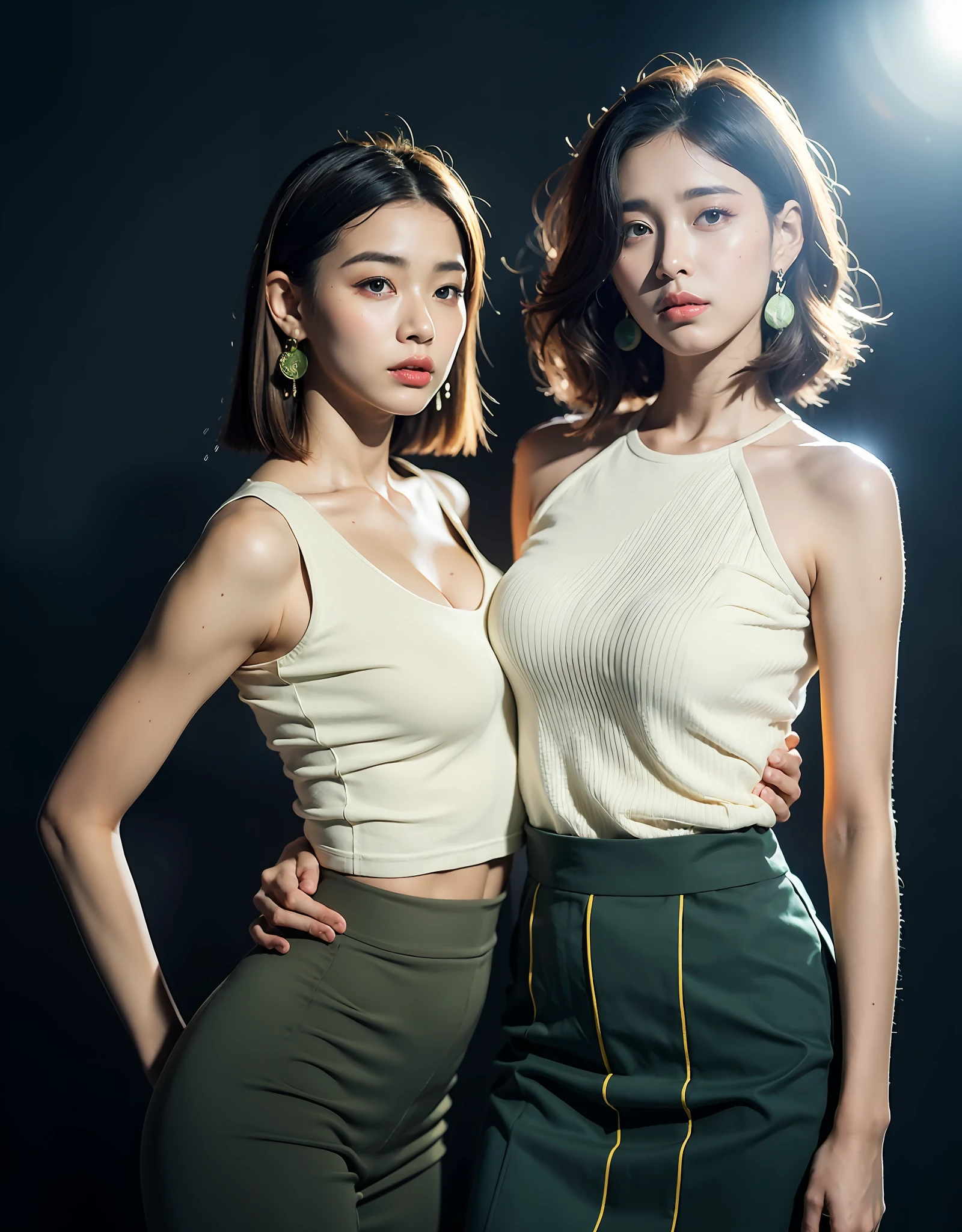 (Best Quality, 8k, 32k, Masterpiece, UHD:1.2), pretty Korean woman picture, very big breasts, very short bobbed hair, very realistic skin texture, fine facial noise, very detailed lips, cowboy shot, face focus, yellow-green skirt, earrings, dark studio background, uniform lighting, looking at the viewer, soft and smooth body, slender body, wide hips, thick thighs, contraposto, esza pose