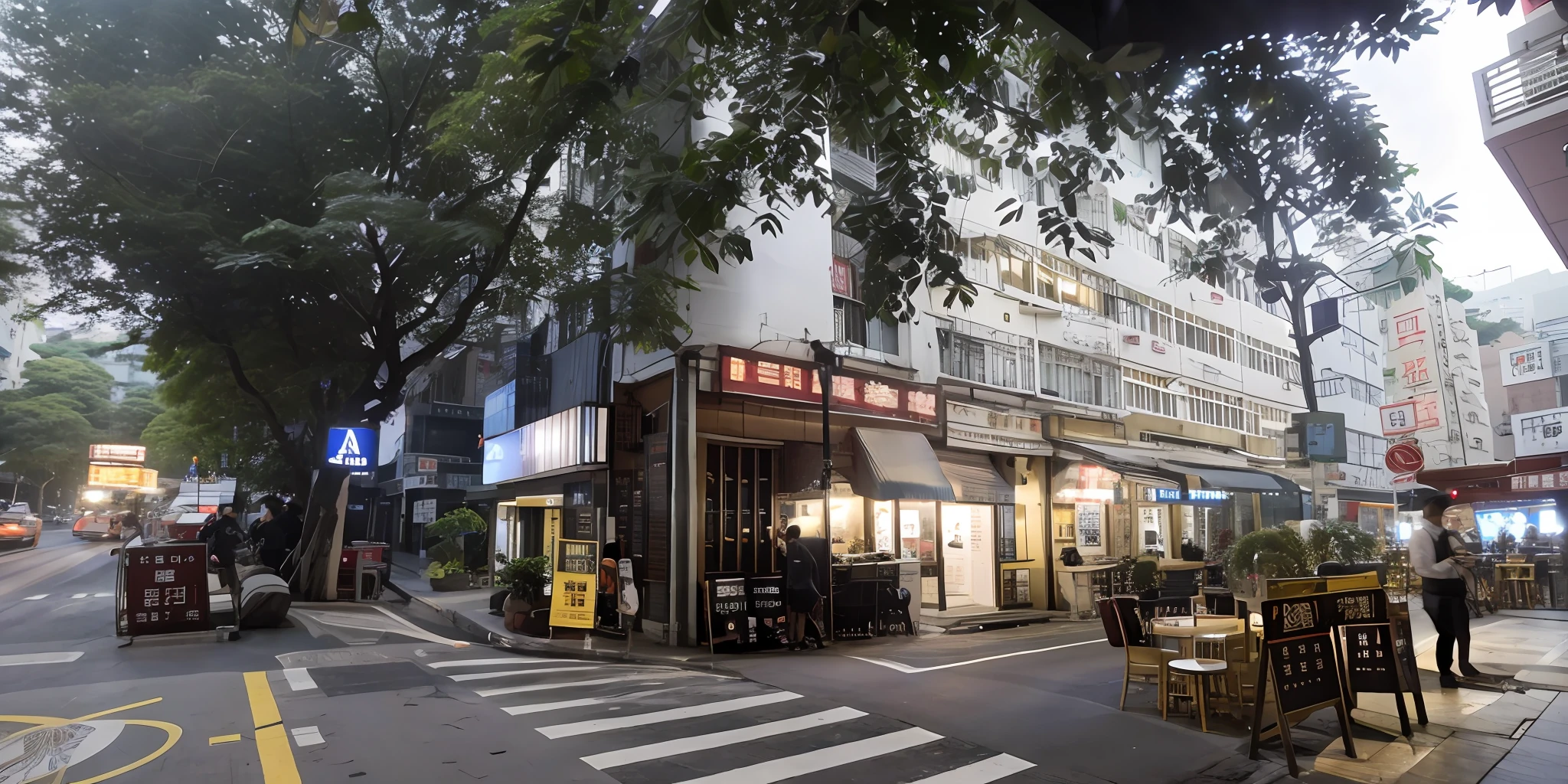 Hong Kong at night,Bustling bar street,Cozy coffee shop,Happy couple,Lively tourists,Laughter。