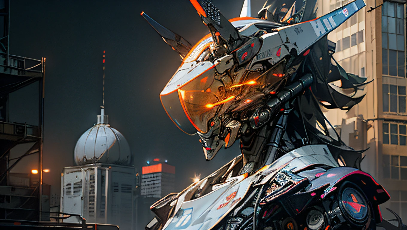 On the moon,barren planets, ruins, holding_weapon, no_humans, glowing, robot, building, glowing_eyes,orange mecha, science_fiction, city, realistic,mecha,Milky Way Galaxy background,neon,cyberpunk,