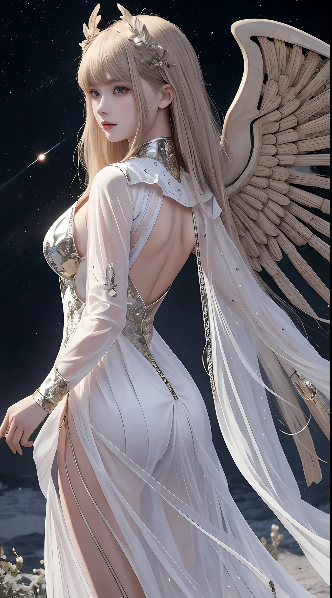 Ultra-realistic 8K CG, perfect face, perfect, clean, masterpiece, professional artwork, famous artwork, perfect face, beautiful face, beautiful eyes, armor cleric suit, lace, open brests, beautiful armor clothes, metal wings, delicate pattern, back pose, Fascinating, galactic space background, big moon in the back, flapping wings