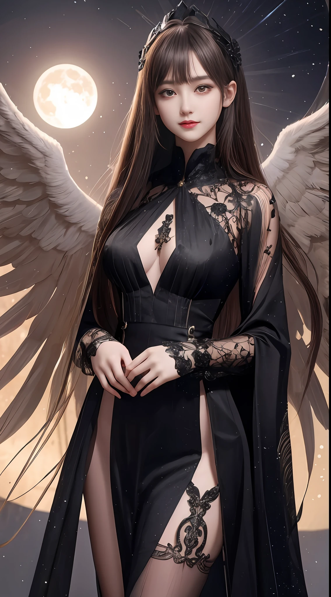 Ultra-realistic 8K CG, perfect face, perfect, clean, masterpiece, professional artwork, famous artwork, perfect face, beautiful face, beautiful eyes, black cleric suit, lace, open brests, beautiful black clothes, black wings, delicate pattern, fantastic pose, Fascinating, galactic space background, big moon in the back, flapping wings