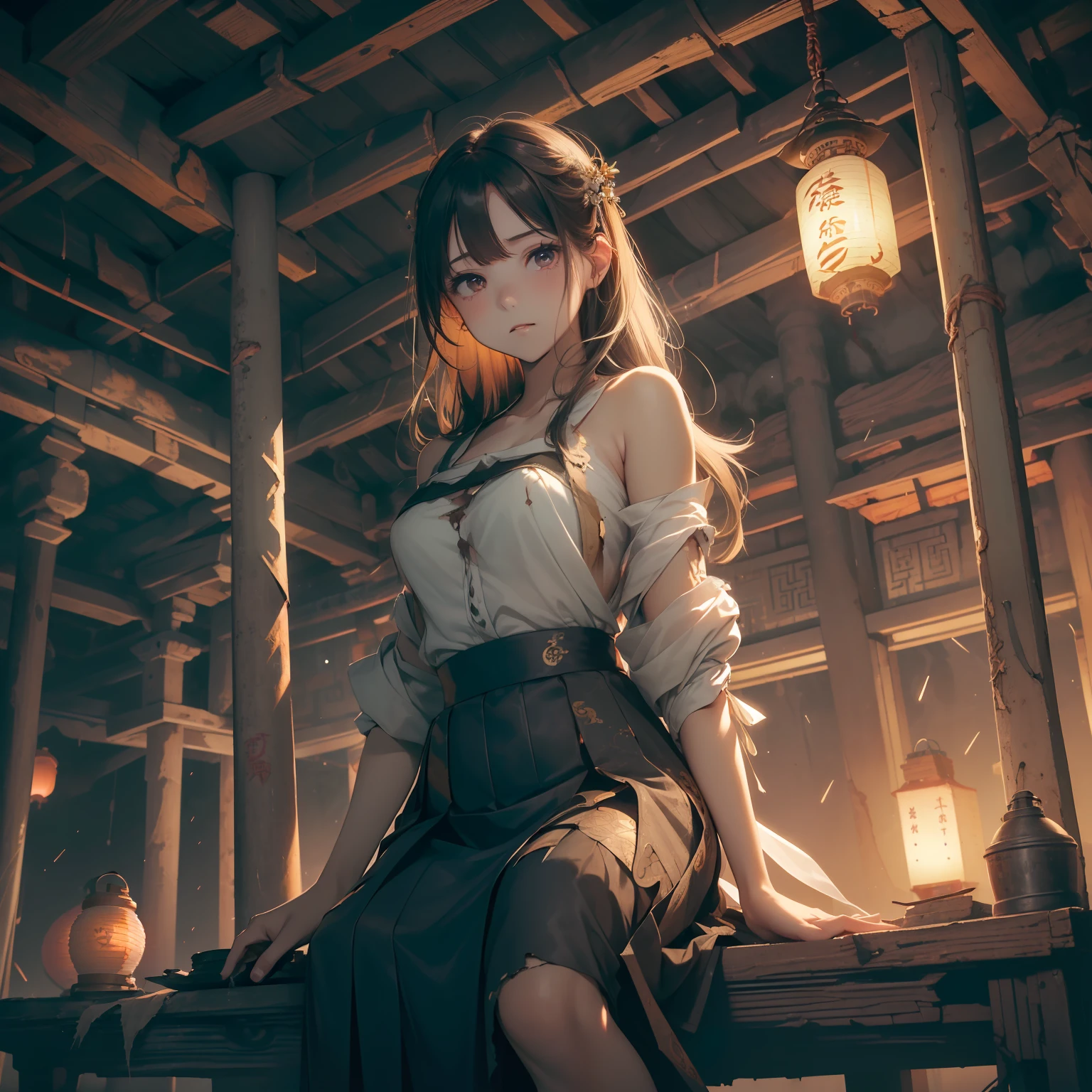 Very cute girl,G Cup Breasts,Sit on the tower, blow the flute,(Hongfu:1.6),(Hunfu skirt:1.3),(Bewitching:1.5),(The light of the mysterious lanterns shines:1.4),,a short bob,(A crumbling abandoned temple with peeling paint:1.5),(dark sky:1.8),(top-quality:1.4) ,Melancholy look,(Prone to downcast eyes:1.4),Look away,(Vague and ephemeral:1.4),(Otherworldly:1.1),Less ambient light、Strong reflection,Slender eyes,(Mysterious Beauty:1.4),(underlighting:1.3),moonlights,