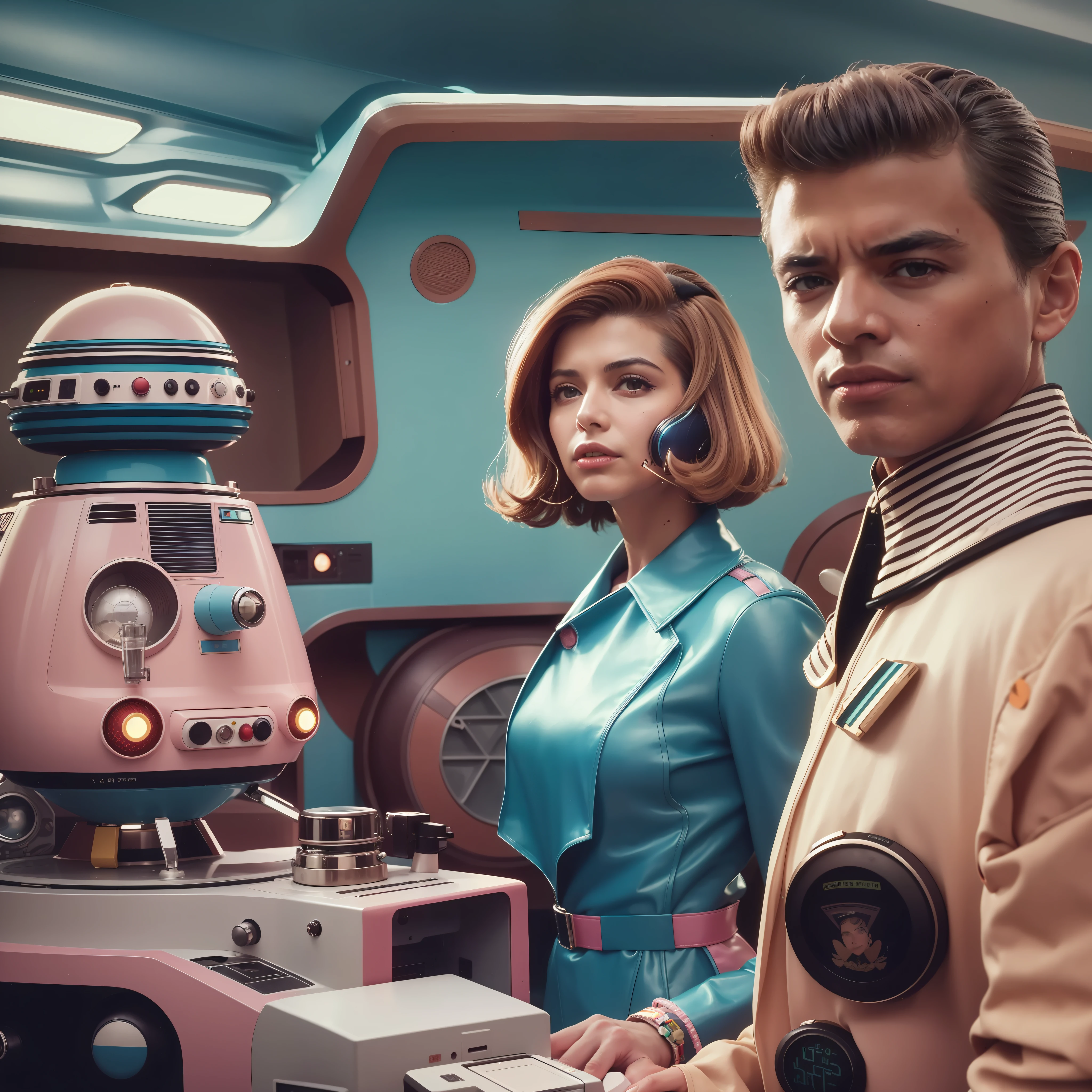 4k image from a 1970s science fiction film, imagem real, Estilo Wes Anderson, pastels colors, a man between two women wearing retro-futuristic fashion clothes and futuristic technological ornaments and devices, Luz Natural, cinemactic, Psicodelia, futurista estranho, retro-futurista,