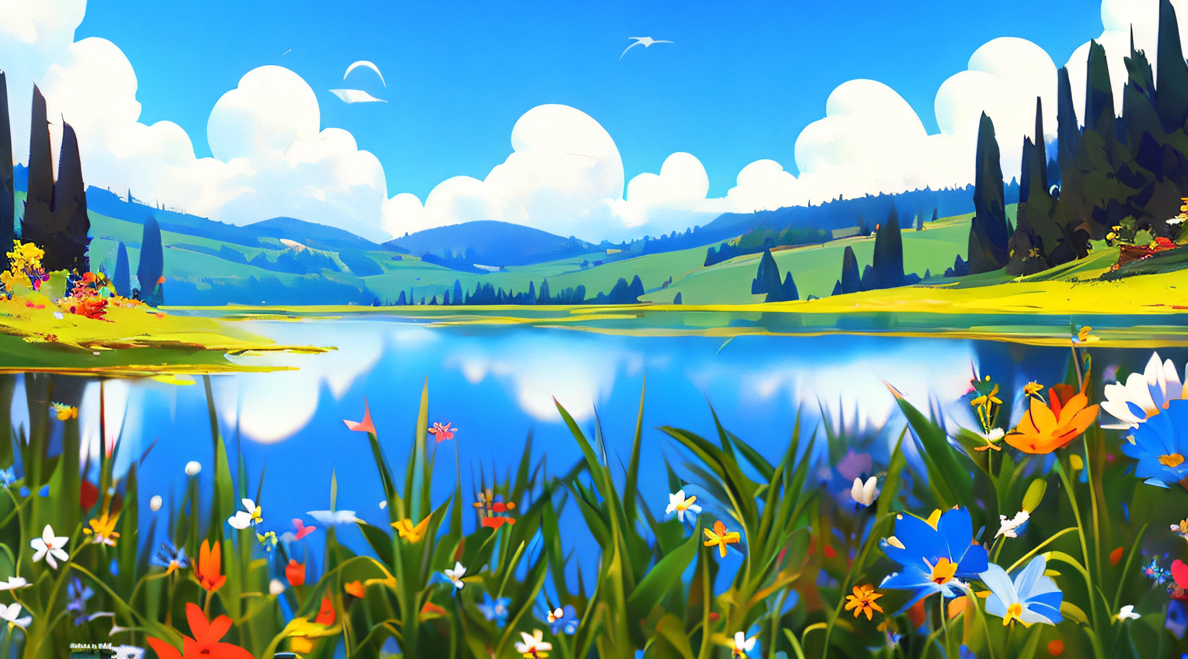 Summer, meadows, flowers, lake, heaven, clear blue sky, sunny, HD detail, hyper-detail, cinematic, dynamic lighting, deep field focus, colorful