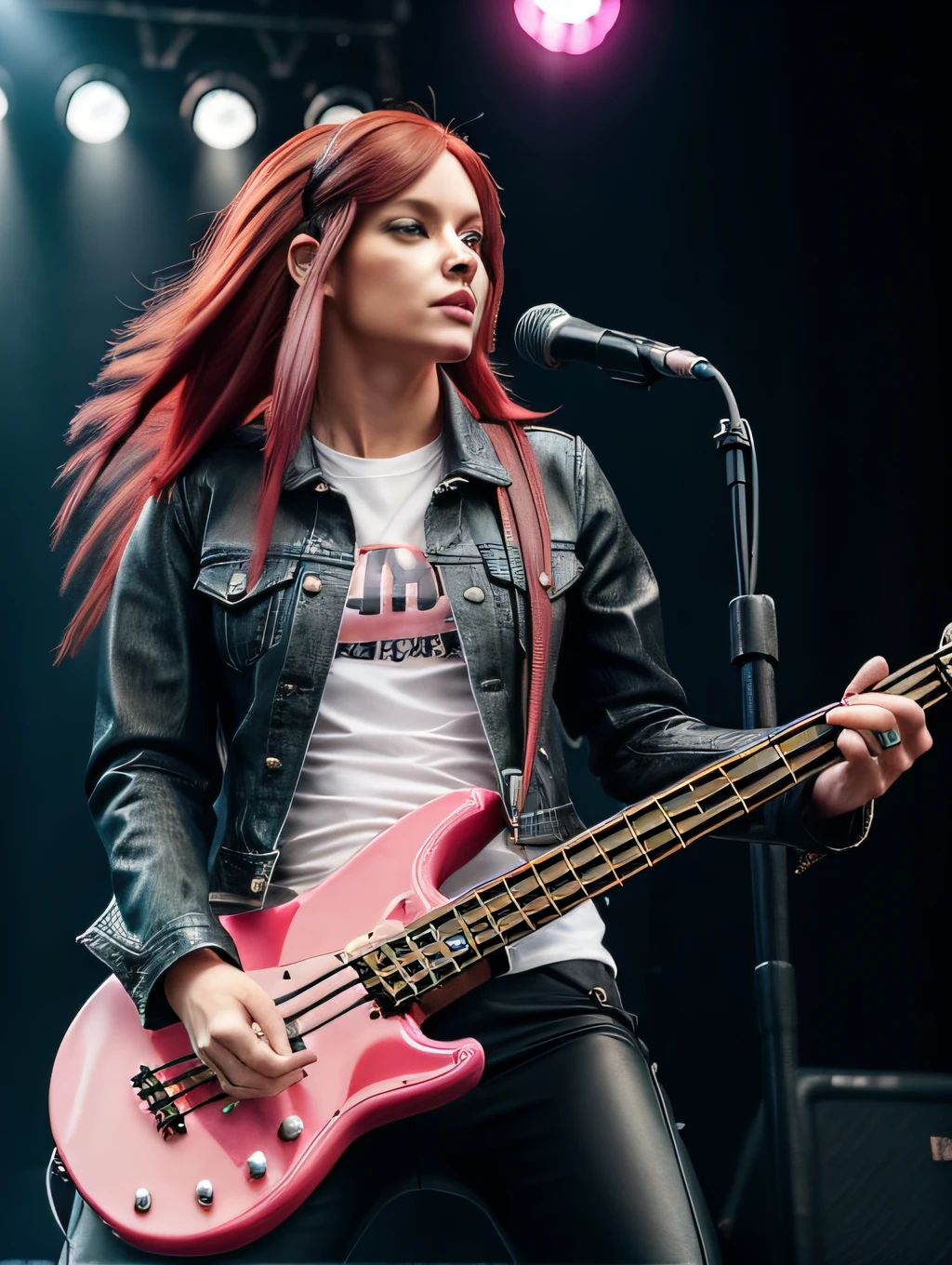 woman playing bass guitar on rock concert stage, rocker dressed in black denim jacket, black leather pants, with long red hair with pink streak.