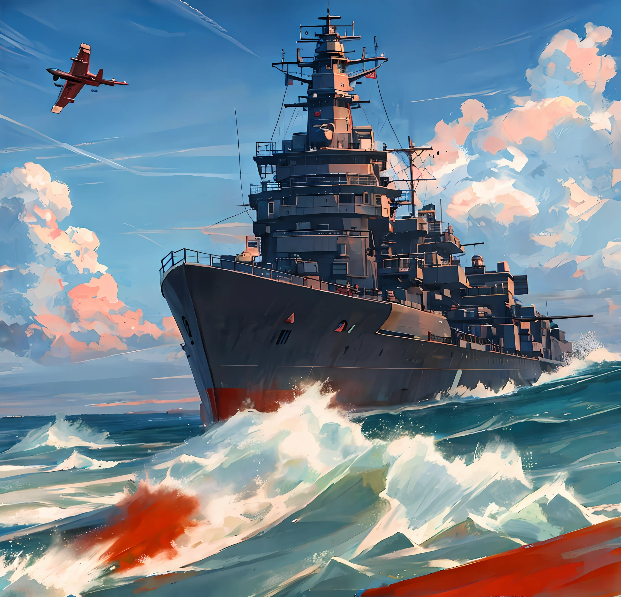 evening sky，The clouds are dyed red，The sun sets at sea level，The sky appears red，There are fighters flying in the air。