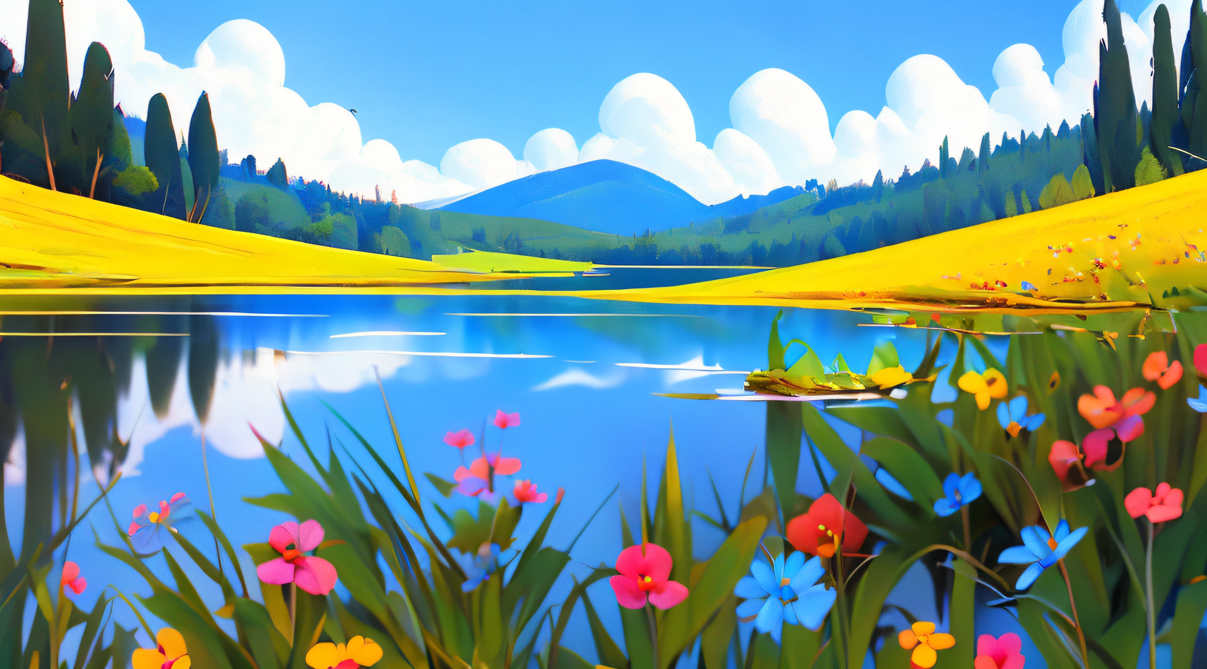 Summer, meadows, flowers, lake, heaven, clear blue sky, sunny, HD detail, hyper-detail, cinematic, dynamic lighting, deep field focus, colorful