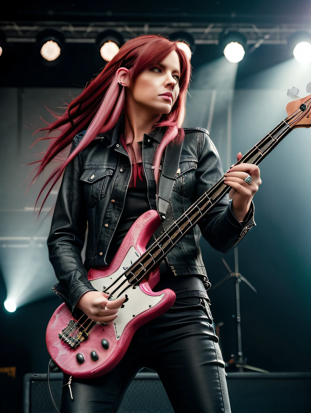 woman playing bass guitar on rock concert stage, rocker dressed in black denim jacket, black leather pants, with long red hair with pink streak.