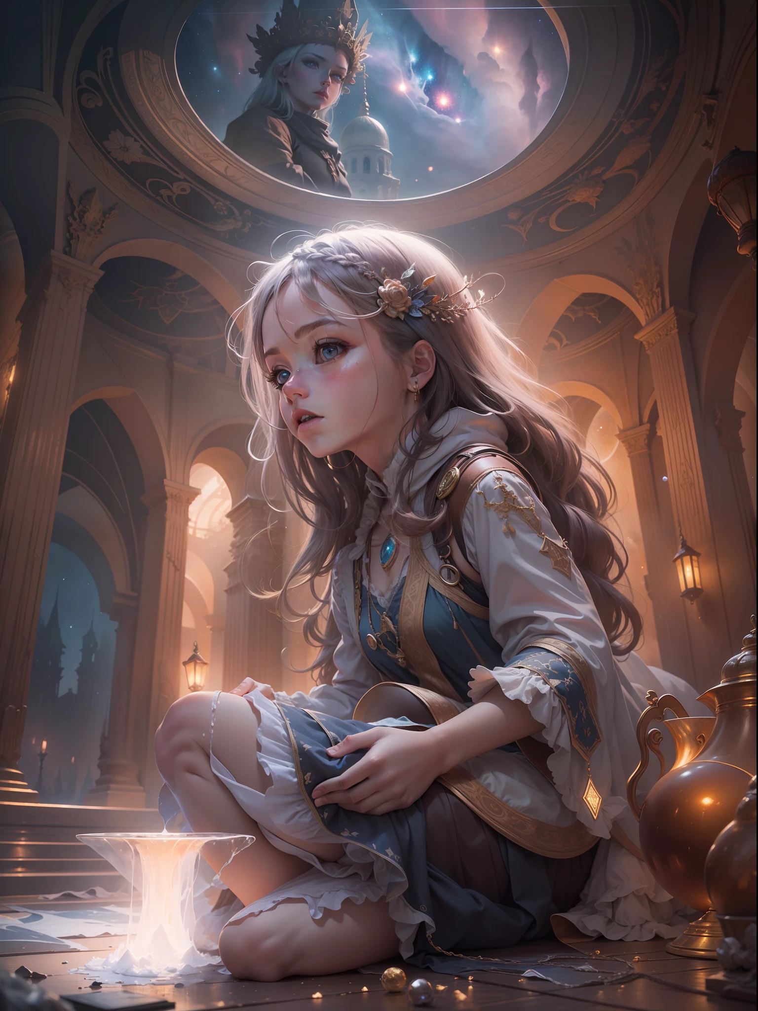 A masterpiece of high detail,8K,High-resolution body content:utopian,Broad perspectives,fanciful,Full of mystery,Bask in the mysterious atmosphere,Hopeful,Divine piety ,Look outward at the background:Dazzling colors,The little girl sat and looked at the atmosphere in the distance:Mysterious and unknowable sense of light,milky ways,Magic beam,The fantasy of the future world is intertwined with reality,Color:Infused with ethereal hues,High purity color, composition:Vista composition,Sitting angle,ultra-wide-angle,Style reference:Virtual Engine,Ethereal magical texture,Chaotic real world
