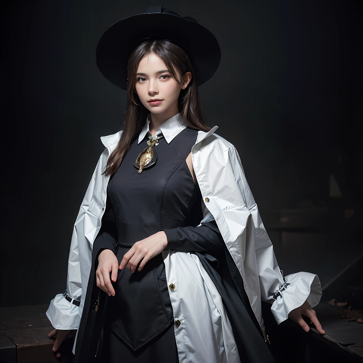 (front focus), (in the dark:1.6), Hyperrealist portrait of female by david hockney and alphonse mucha, fantasy art, photo realistic, dynamic lighting, artstation, poster, volumetric lighting, very detailed faces, 4 k, award winning, 1girl, in the dark, deep shadow, low key, cowboy shot, (official clothing:1.4), long hair, white hair, happy smile, skin texture,