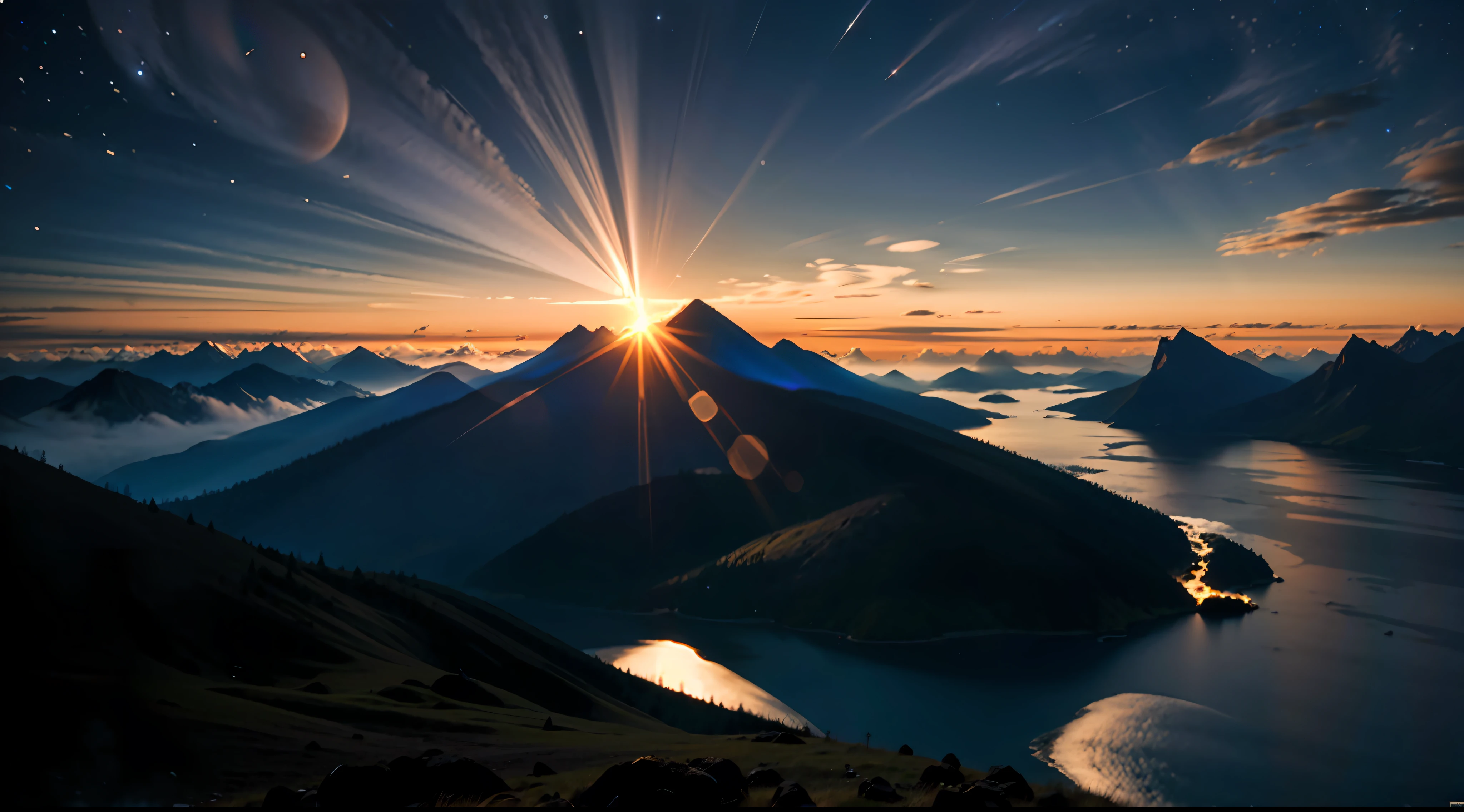 An awe-inspiring celestial event, a total solar eclipse over a majestic mountain range, the darkened sky revealing a breathtaking view of the starry cosmos, a group of stargazers witnessing this rare phenomenon with wonder and amazement, the merging of natural beauty and cosmic wonder creates a profound sense of unity with the universe, Photography, using a wide-angle lens (14mm) to capture the grandeur of the landscape and the celestial spectacle, --ar 16:9 --v 5