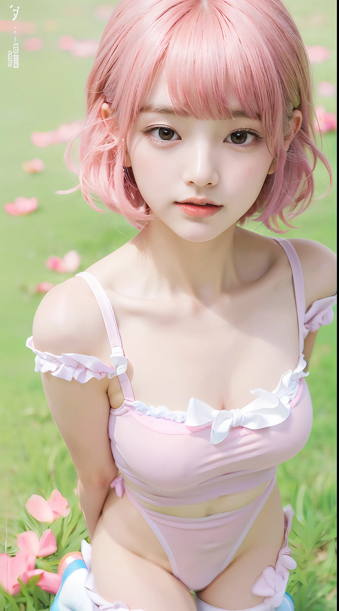 {{{Masterpiece: 1.2, 64K High Resolution, nffsw, super definition, ultra-definition、A hyper-realistic: 1.2、ultra-definition、realistic: 1.15、Raw photo: 1.15, Best Quality: 1.23}}}, {{{face and body with no defects, tre anatomically correct、No extra fusion}}}, {{{perfect beautiful body: 1.2, Perfect beautiful face: 1.3, Super realistic: 1.37, Professional Photographer: 1.2, Canon F/2.8 300mm Lens、5-Fingers, 2 arms, 2legs}}}, (1 beautiful girl), ((short pink hair)), (((10th class, 18year old))), ((Very cute little face: 1.3, very cute japanese girl: 1.3, Very beautiful slit eyes: 1.18, Beautiful thin eyebrows, Perfect narrow very high beautiful nose: 1.15, Cute red lips, very beautiful white soft skin: 1.15, Perfect beautiful long fingers: 1.15, Beautiful long legs, Beautiful nails, Natural makeup)), ((White athletics uniform)), (((((Very small bloomers))))), ((knee high socks, sports shoes)), (((FULL BODYSHOT, subject across the screen, shot from front))), ((athletic field、Kneeling、Looking away)), (((Very beautiful Japan face: 1.3)))