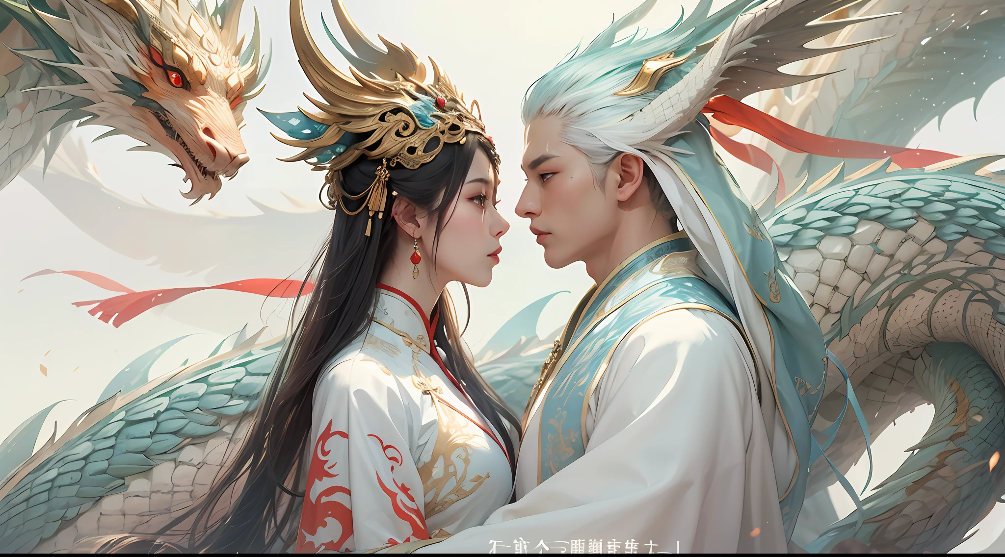 Close-up of a young couple wearing a white dragon dress on their heads，Chinese fantasy，beautiful digital artworks，Ross Tran 8 K，xianxia fantasy，Fenghua Bell，Chinese style，Dragon-inspired cloth robe，Ross Tran和Wlop，