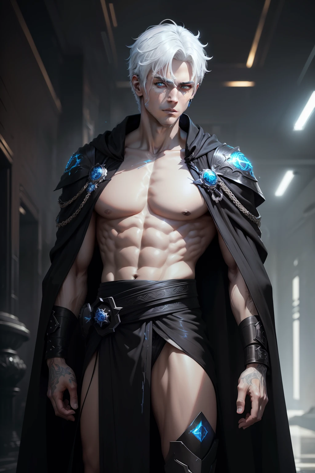 Cyberpunk male, fantasy world, dark background, clean design, epic instagram, artstation, colorful paint splatter, silhouette, hyper detailed intricate details, unreal engine, fantasy, intricate details, splash screen, complementary colors, Fantasy concept art, 8k resolution, deviantart masterpiece, oil painting, heavy strokes, paint dripping, (isolated on white background: 1.3), rainbow skin, (((handsome young man))), ((age:1.5) ), (glowing blue eyes), ((light eyes)), ((((short white hair: 1.1))), ((black clothes)), (prince\\(indifferent expression\\),, ( ((Wears high detail luxurious black robe))), white hair, frost magic, ((chest) --v 6