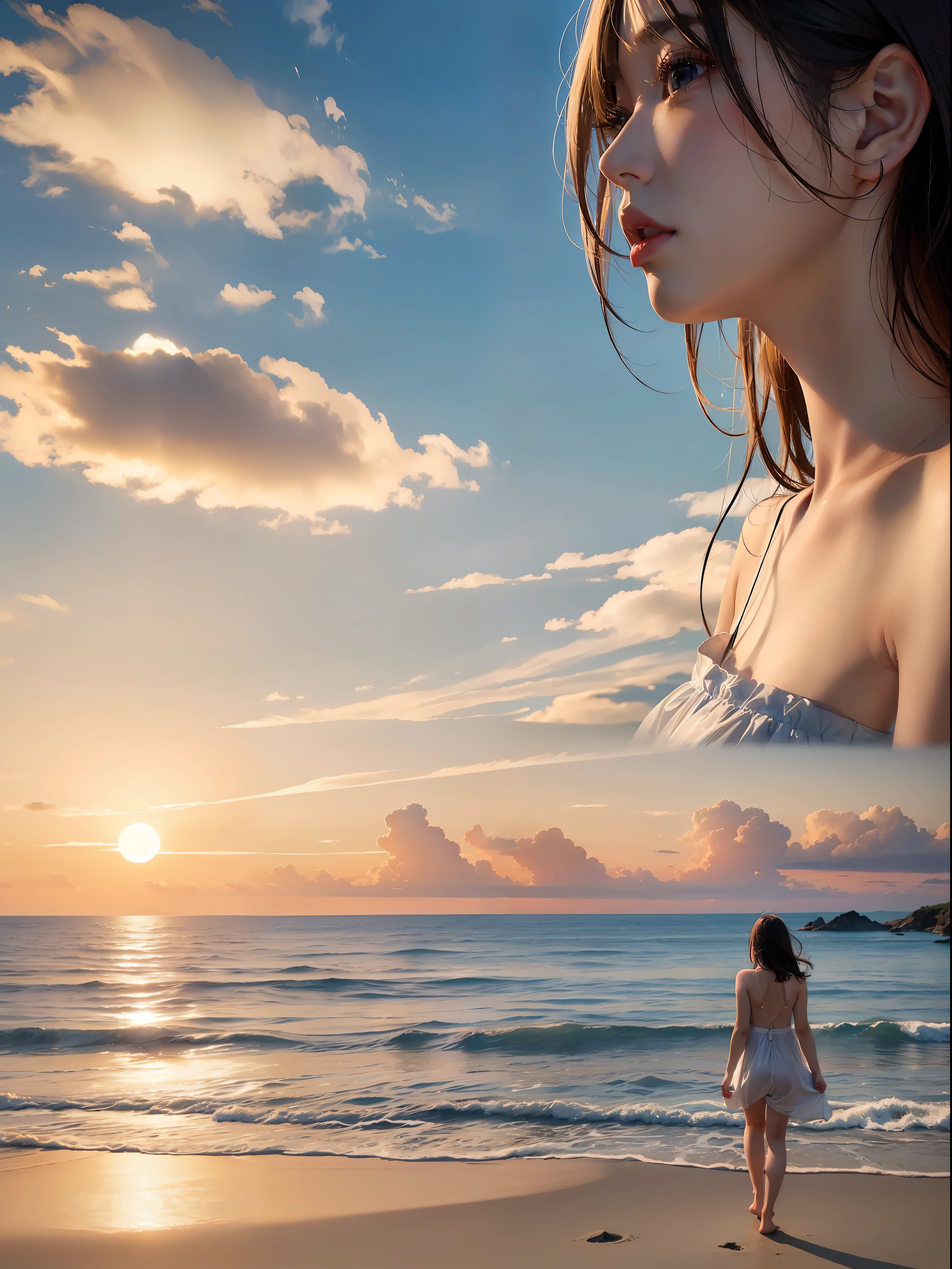 (((hight resolution)))、(in 8K)、 (((ighly detailed)))、(top-quality、masterpiece:1.3)、((sharpnes))、ciinematic light、Full view、Vast sky、the beautiful skyline、Vast sea、Far Horizon、Distant waves、Distant islands々、Into the cloud、 extremely tense and dramatic pictures、the moving visual effects、The sun climbed high、the colorful natural light、White sandy beach、Girl walking on the beach、