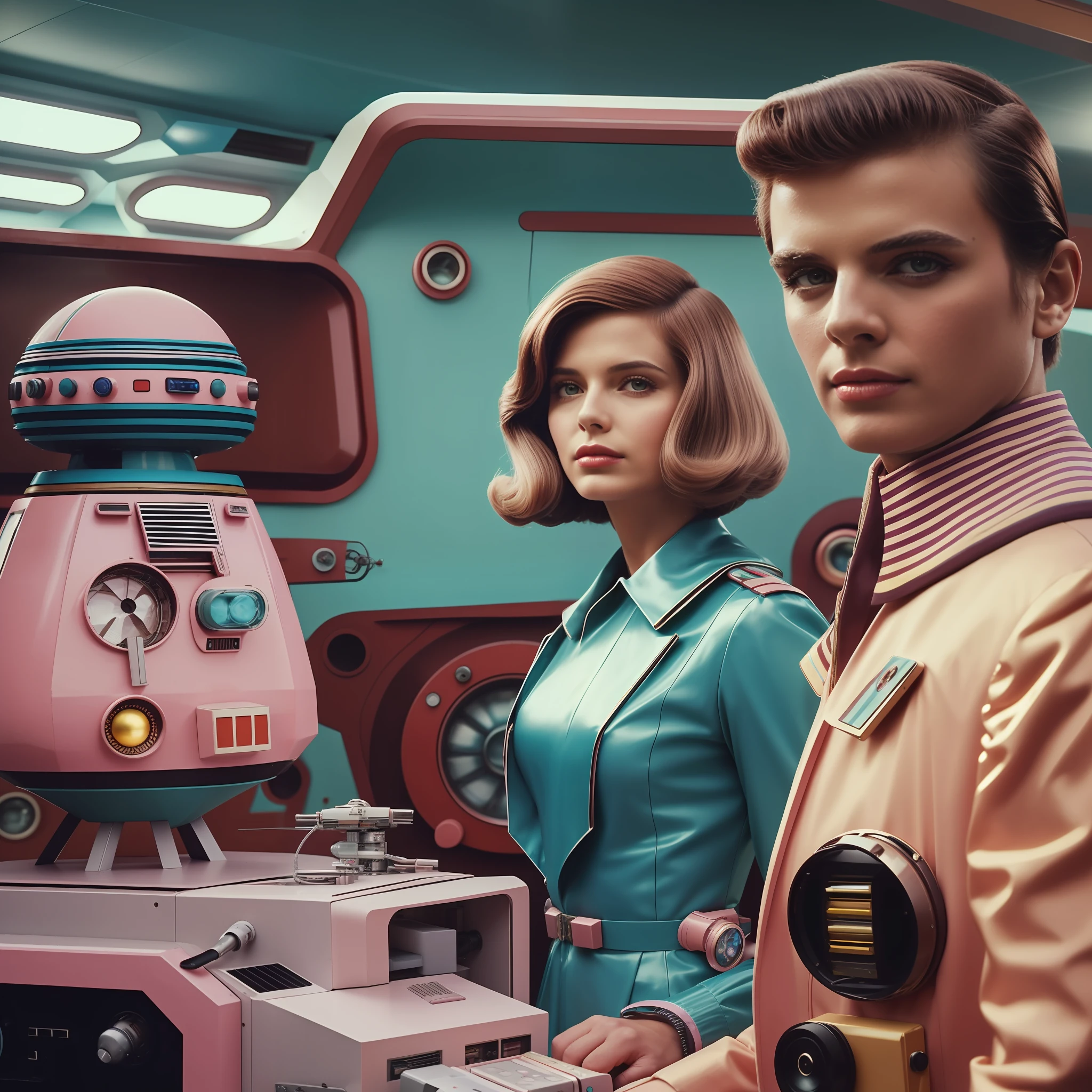 4k image from a 1970s science fiction film, imagem real, Estilo Wes Anderson, pastels colors, a man between two women wearing retro-futuristic fashion clothes and futuristic technological ornaments and devices, Luz Natural, cinemactic, Psicodelia, futurista estranho, retro-futurista,