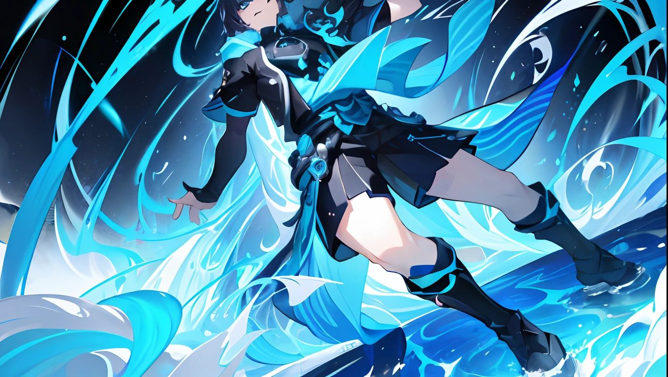 1male, dynamic pose, perspective, eye catching, (black and blue predominant colors), fullbody, splashart, league of legens splashart