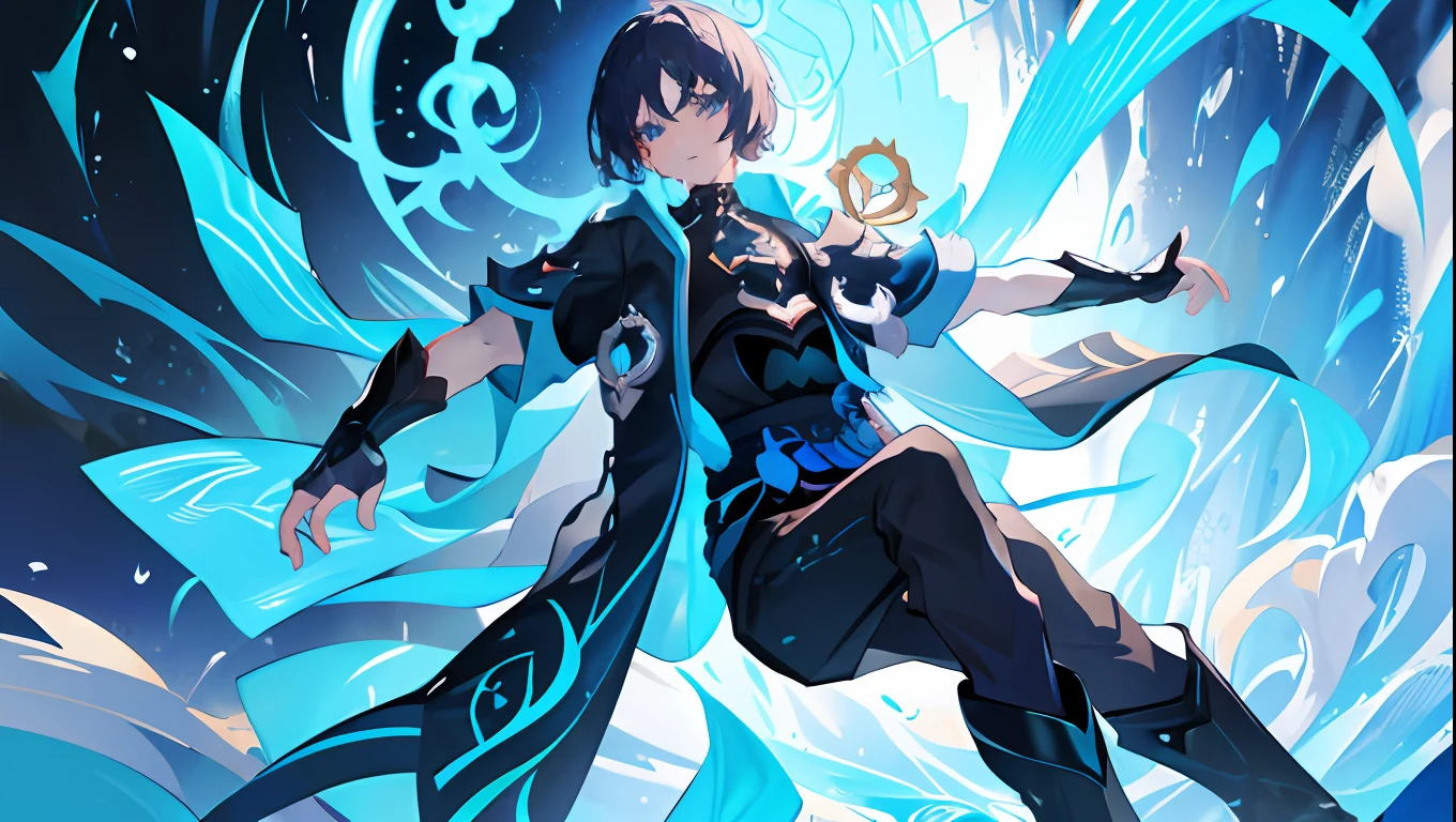 1male, dynamic pose, perspective, eye catching, (black and blue predominant colors), fullbody, splashart, league of legens splashart
