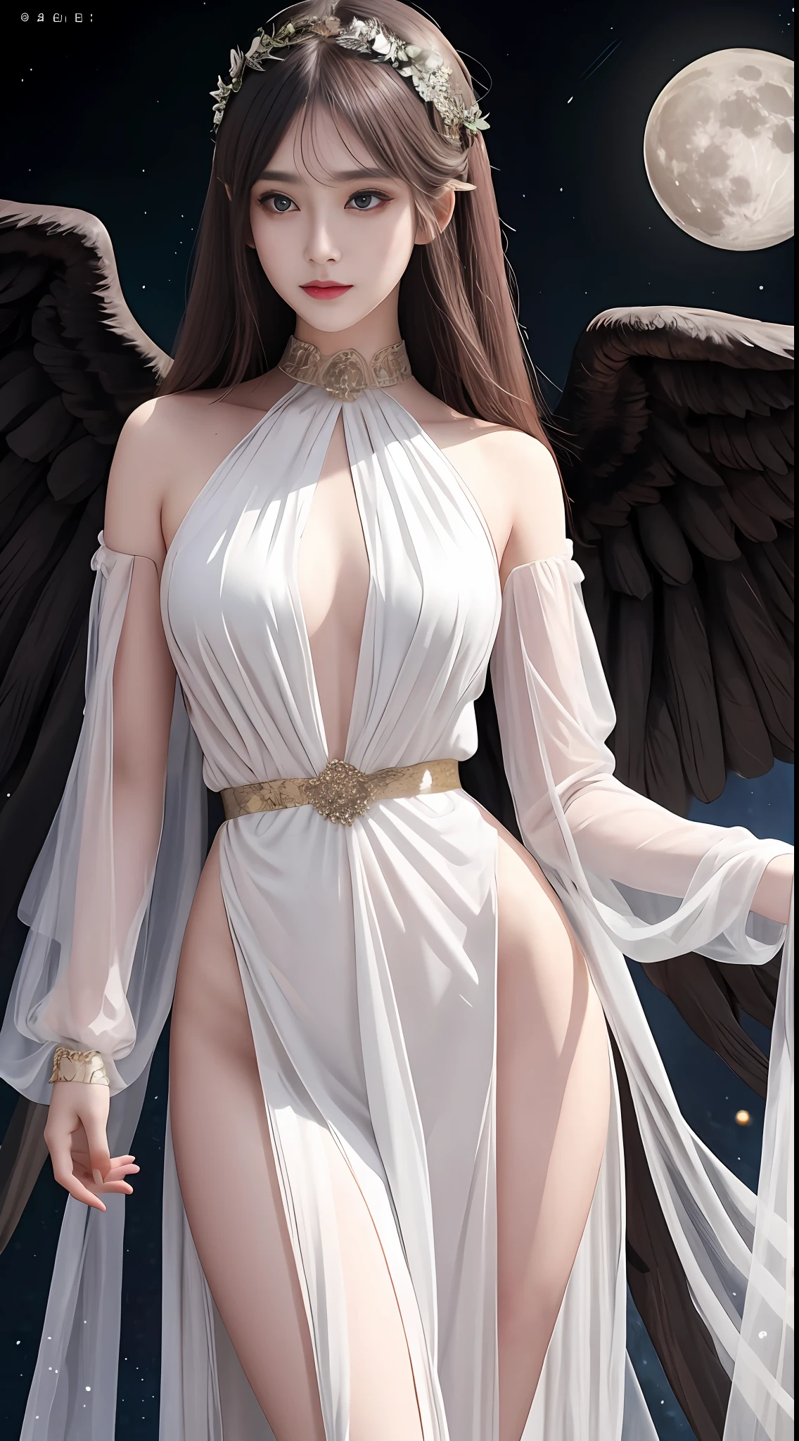 Ultra-realistic 8K CG, perfect face, perfect, clean, masterpiece, professional artwork, famous artwork, perfect face, beautiful face, beautiful eyes, black cleric suit, lace, open brests, beautiful black clothes, black wings, delicate pattern, fantastic pose, Fascinating, galactic space background, big moon in the back, flapping wings
