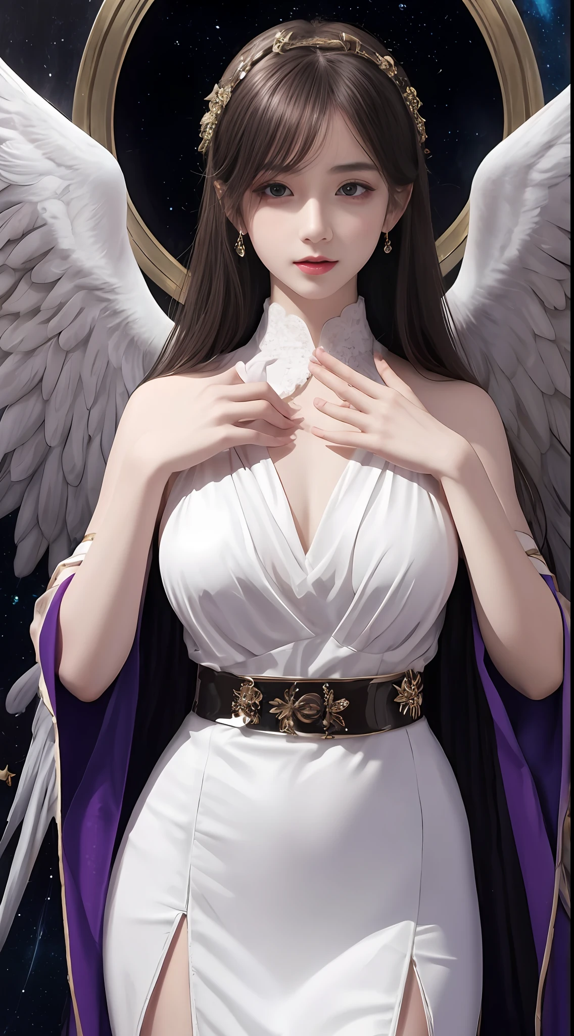 Ultra-realistic 8K CG, perfect face, perfect, clean, masterpiece, professional artwork, famous artwork, perfect face, beautiful face, beautiful eyes, purple cleric suit, lace, open brests, beautiful purple clothes, black wings, delicate pattern, fantastic pose, Fascinating, galactic space background, big moon in the back, flapping wings