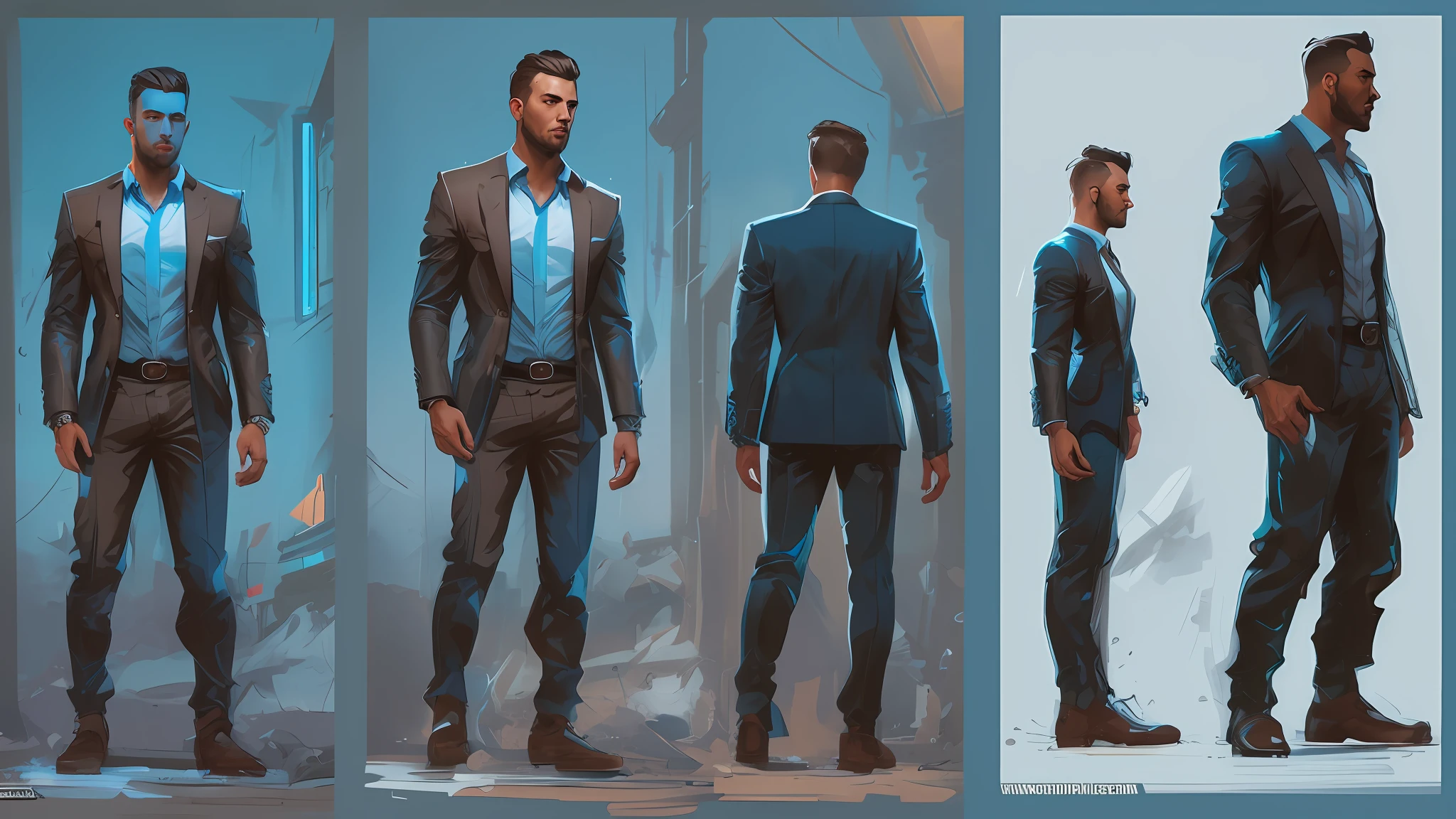 arafed man in a blue suit standing, wojtek fus, cgsociety concept art, amazing 8k character concept art, digital character painting, urban concept art, epic and classy portrait, beautiful full body concept art, professional concept art, digital painting concept art, photorealistic concept art, multiple poses and expression, different angles --repeat5